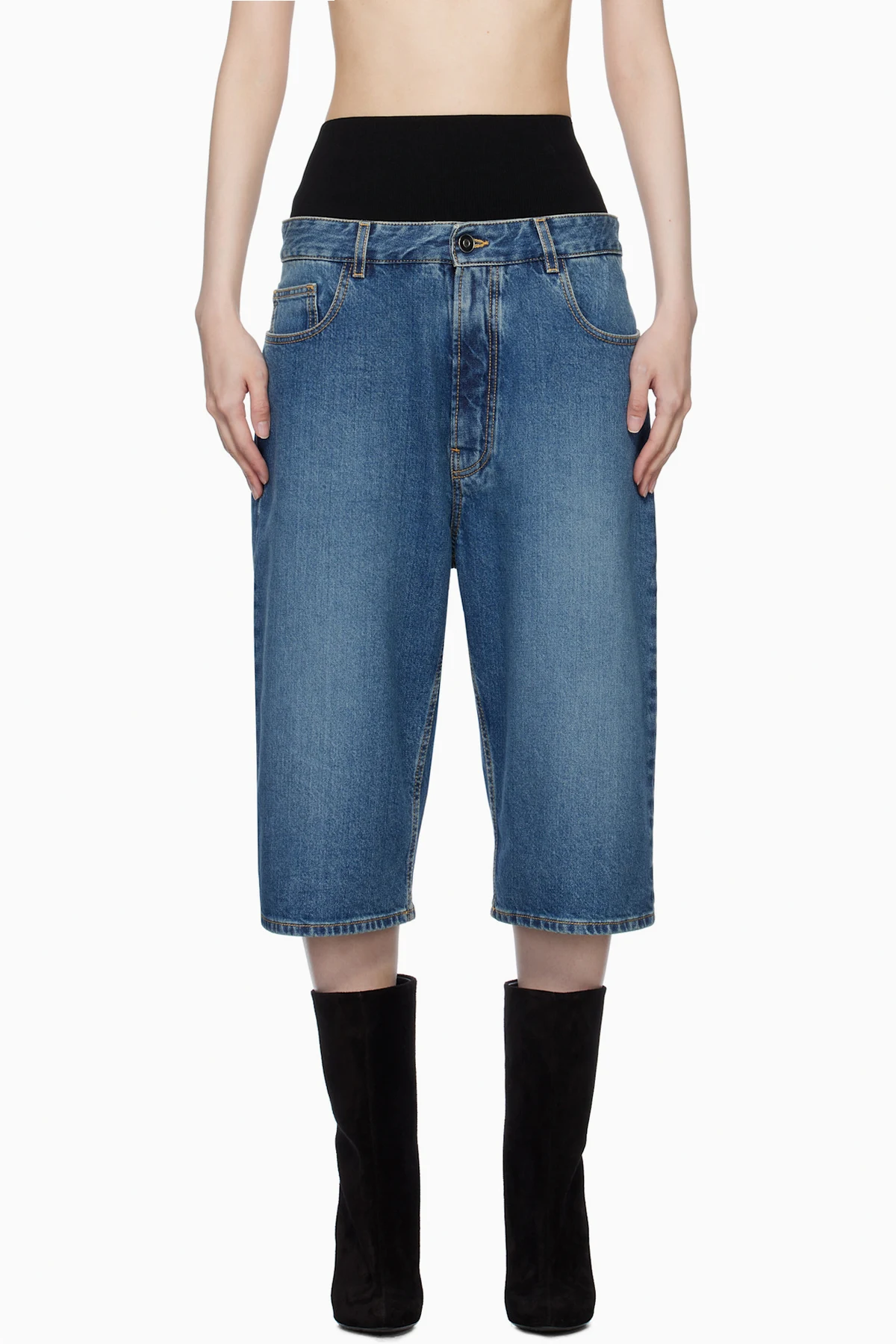 Blue Knitted Waistband Denim Bermuda Shorts