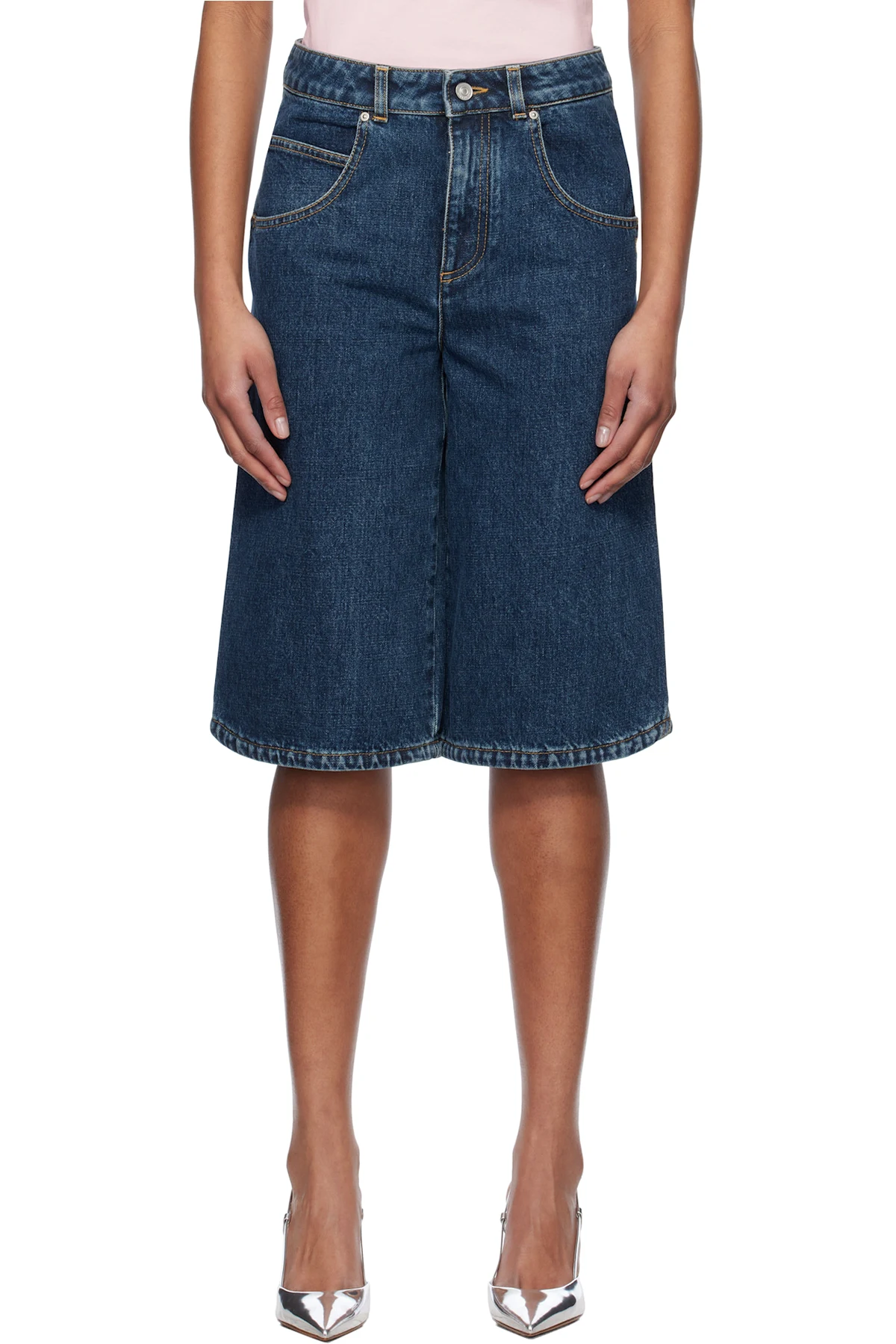 Blue Curved Side Denim Shorts