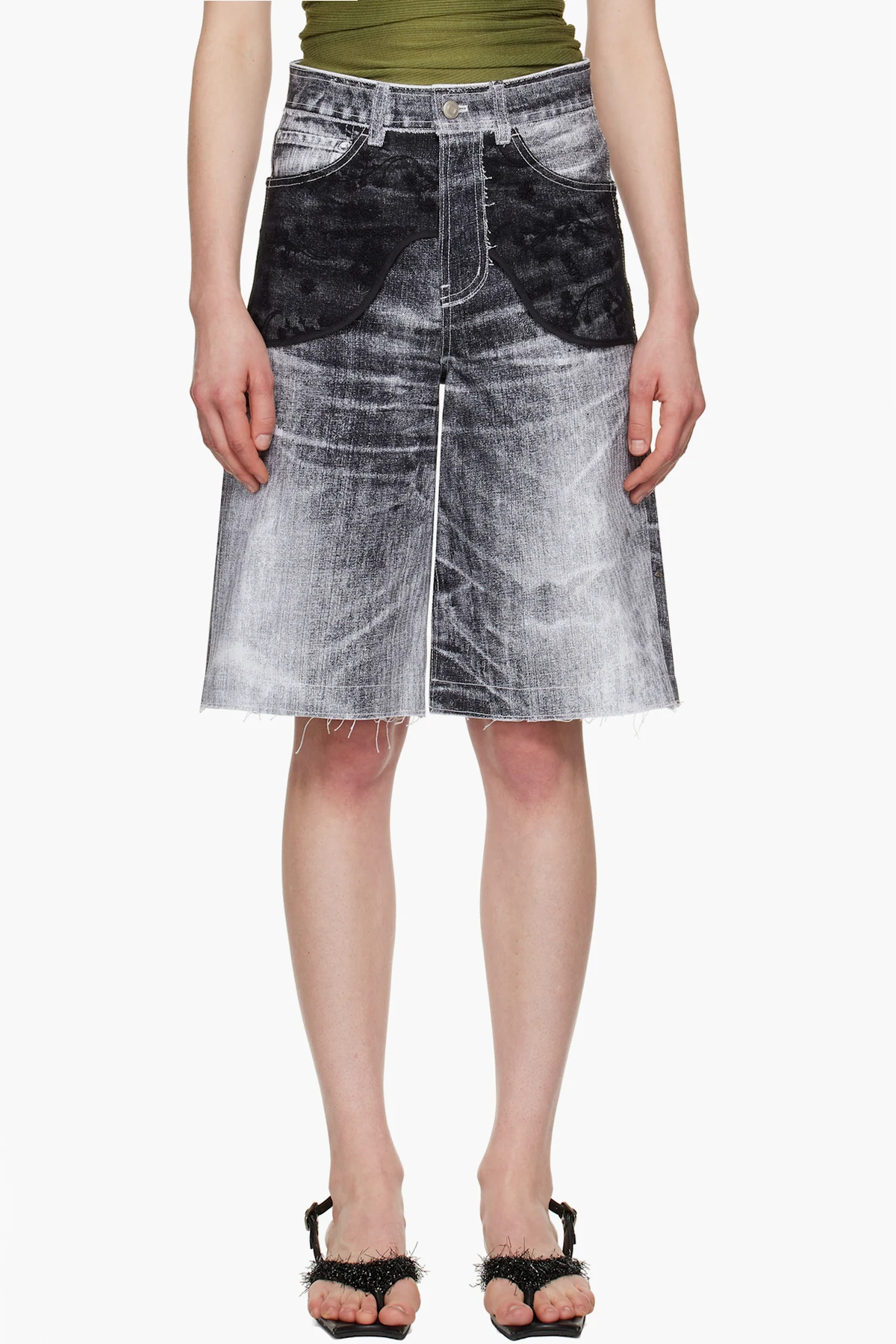 Black Lace Paneled Denim Shorts