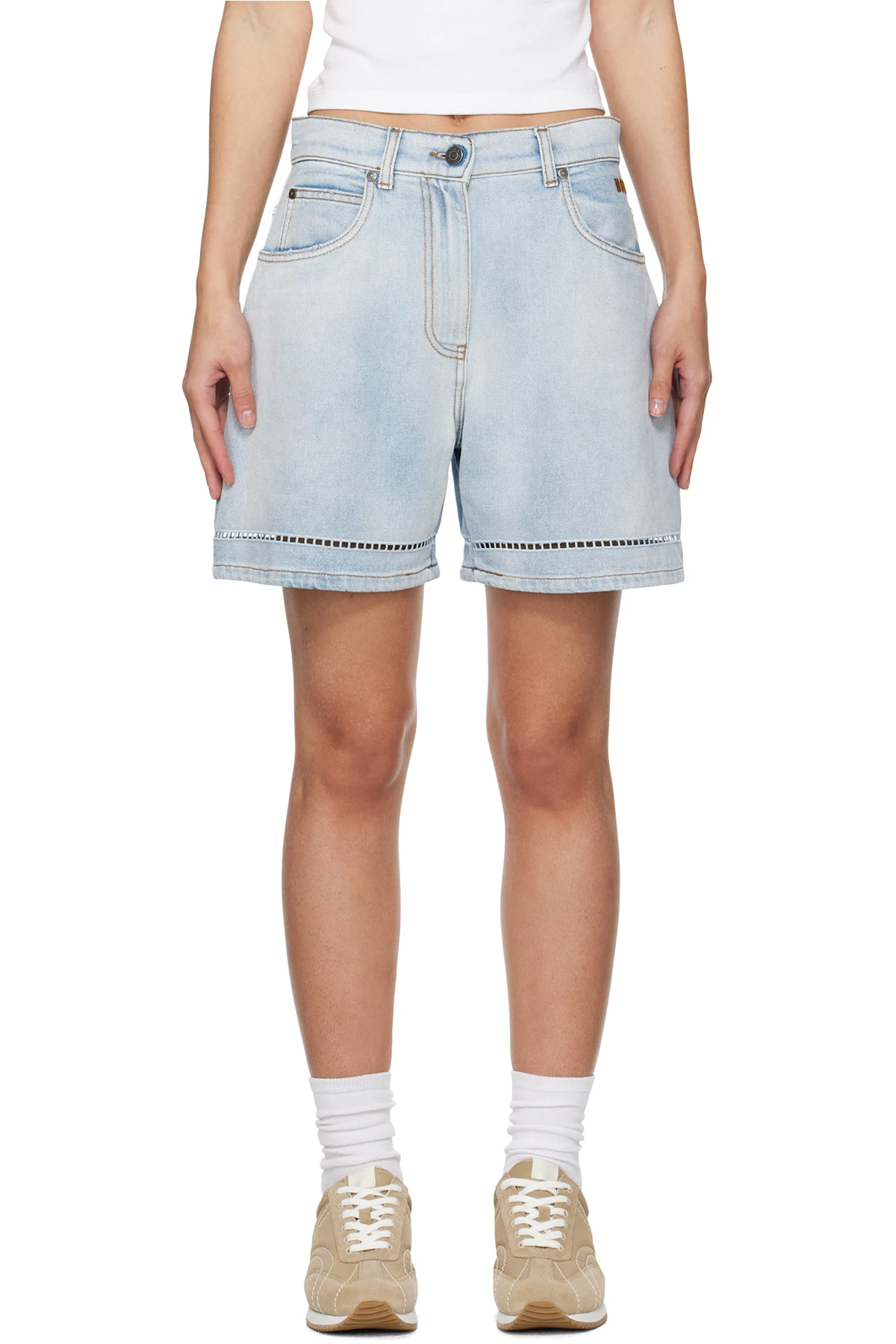 Blue Perforated Light Washed Denim Shorts