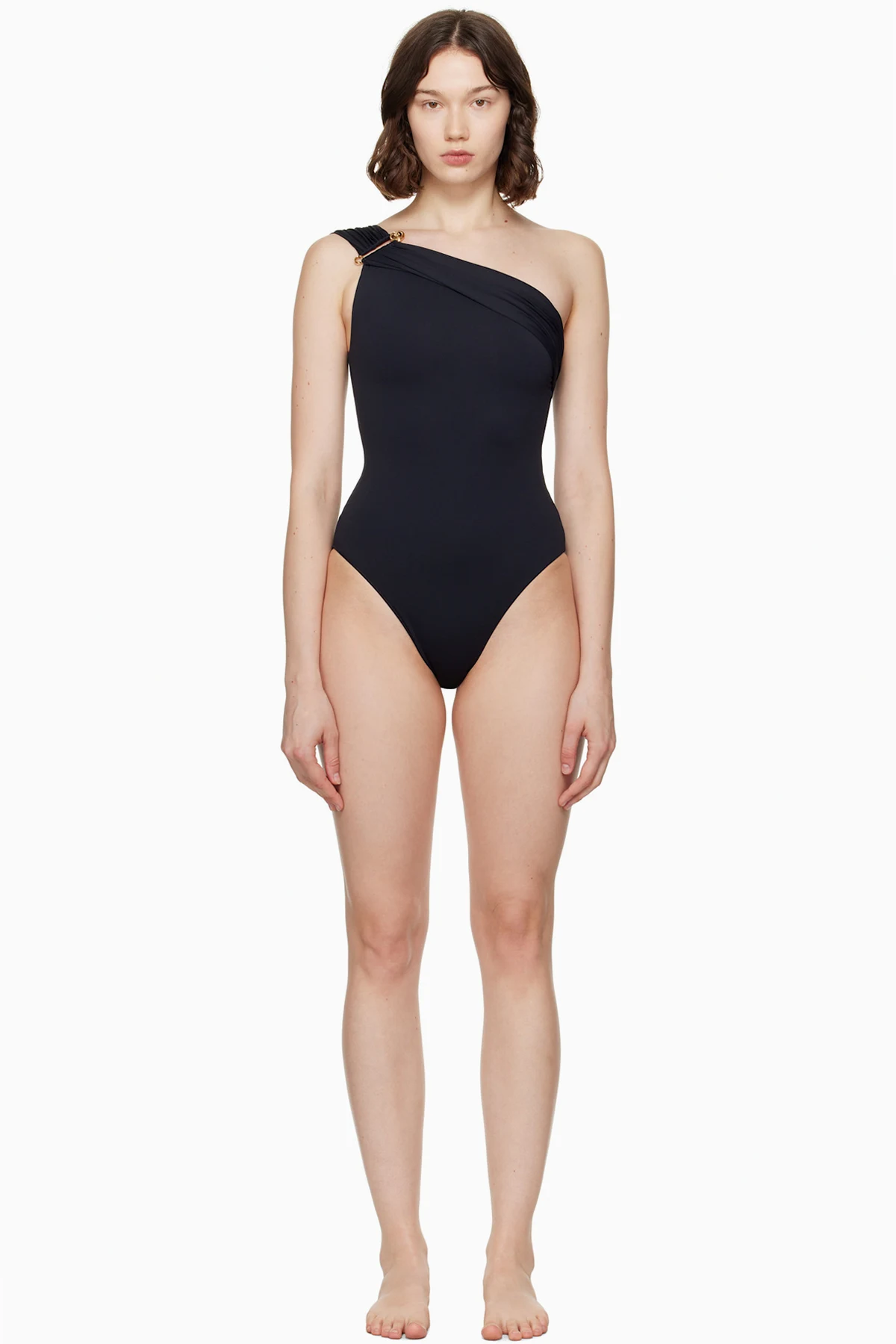 Black Safety Pin Gathered One-Piece Swimsuit