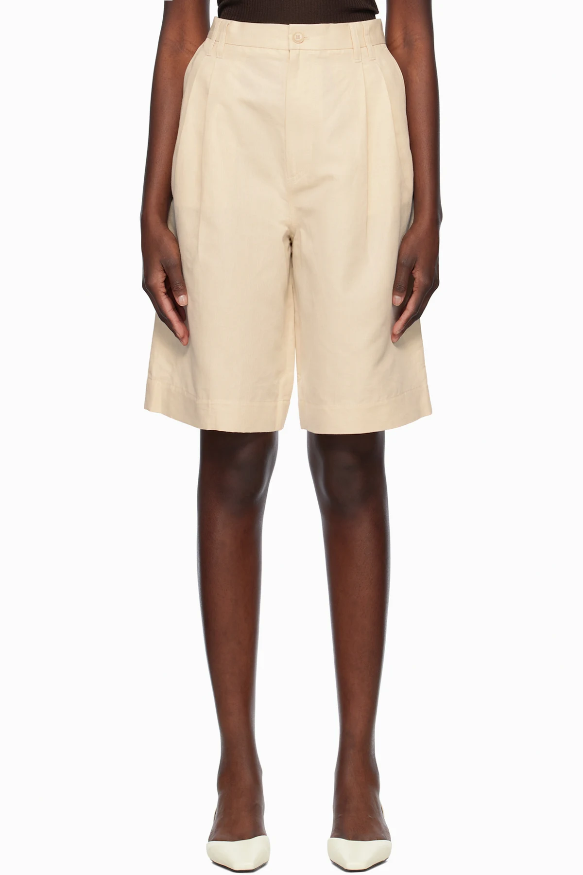 Beige Relaxed Pleated Cotton Linen Shorts
