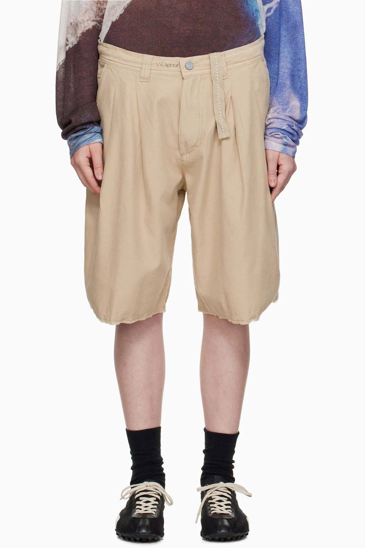 Beige Distressed Chino Shorts