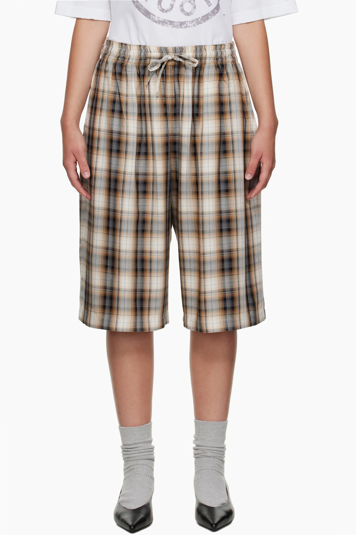 Beige & Black Check Shorts