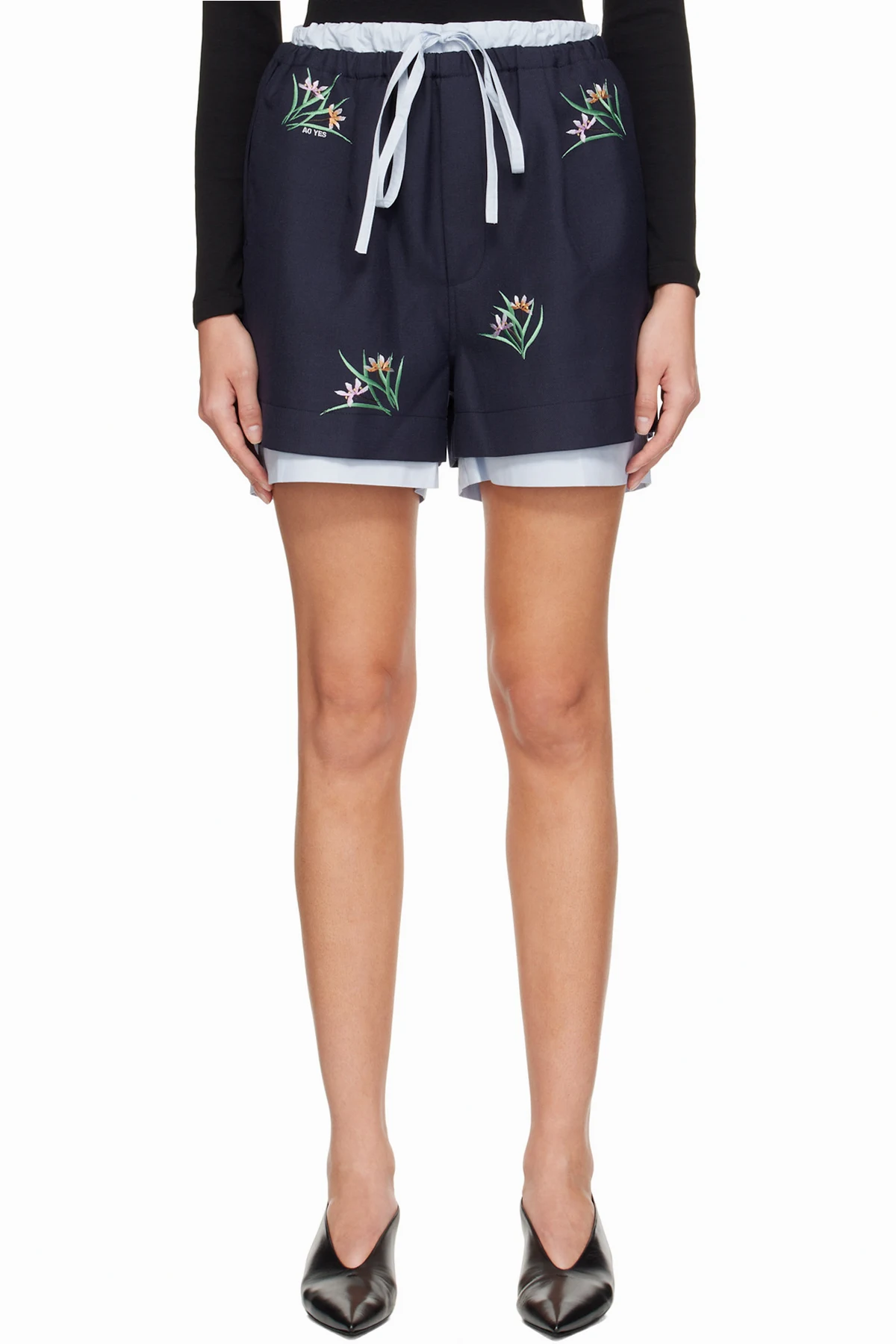 Navy Embroidered Layered Shorts