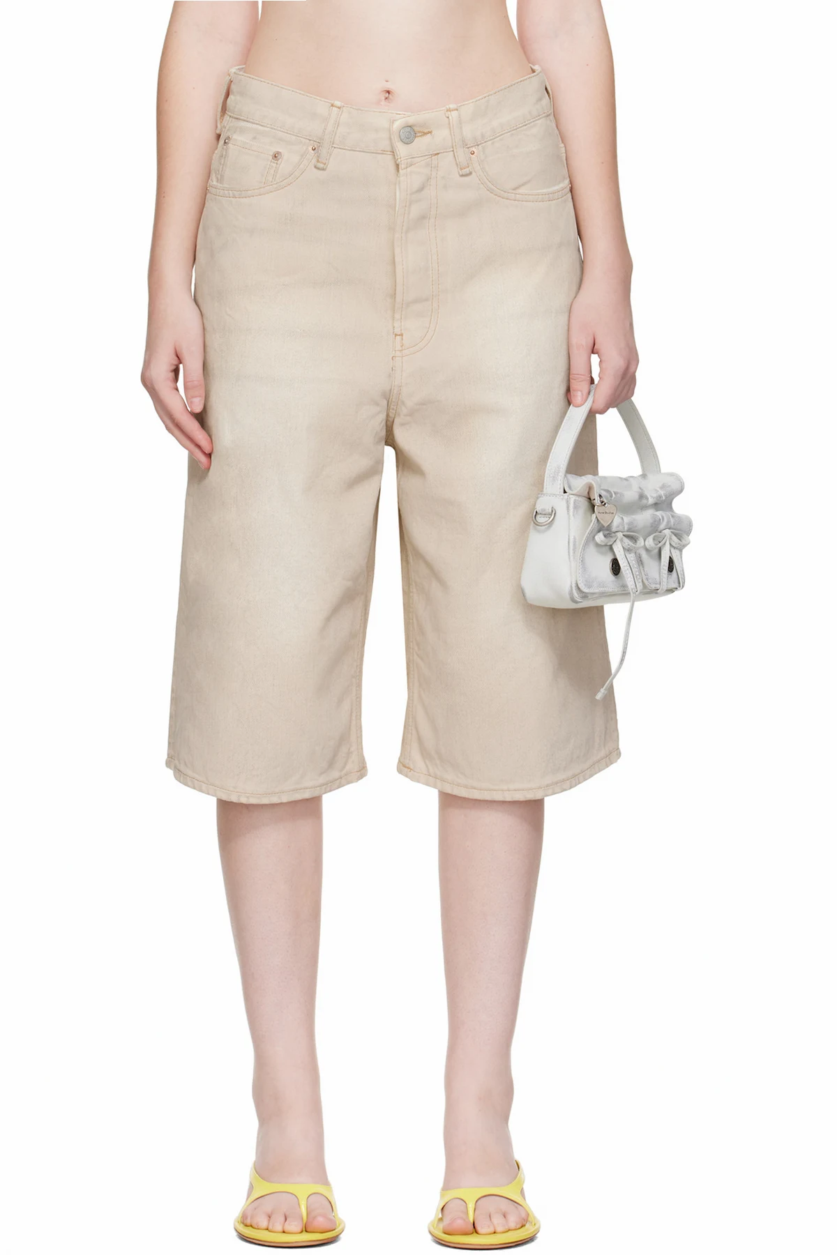 Beige Coated Denim Shorts