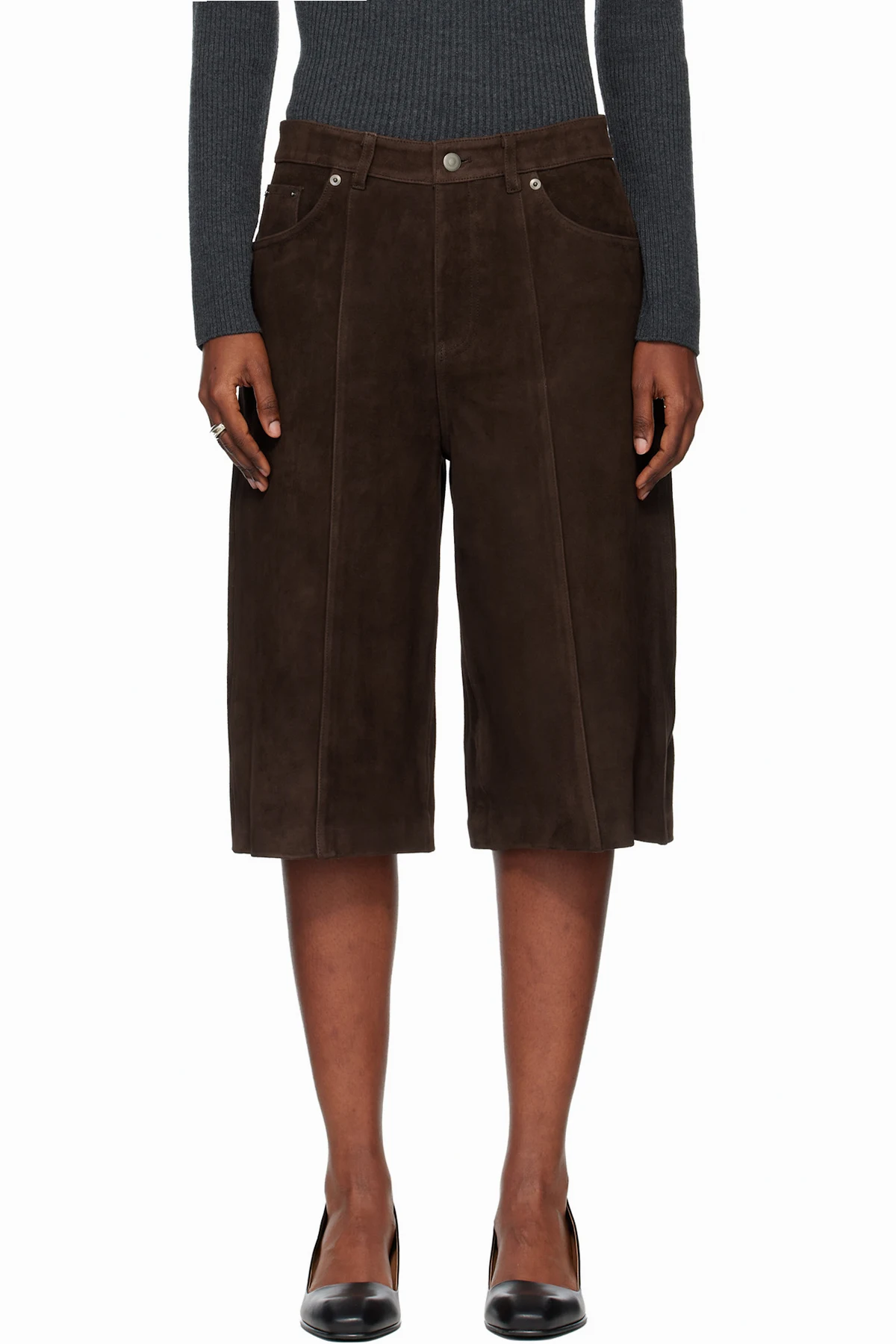 Brown Straight-Leg Bermuda Goat Suede Shorts