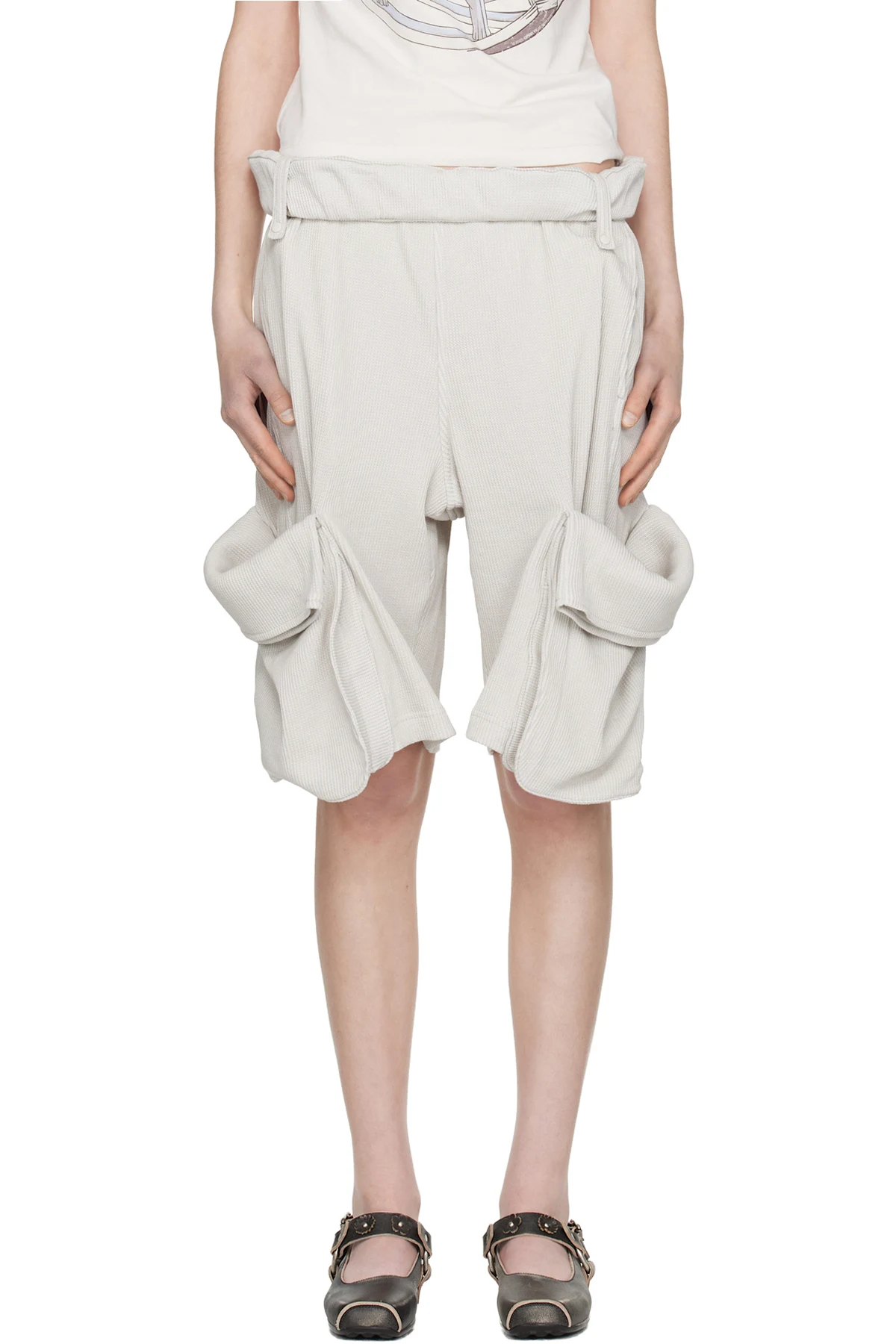 Gray Rolled Waist Sweat Cargo Shorts