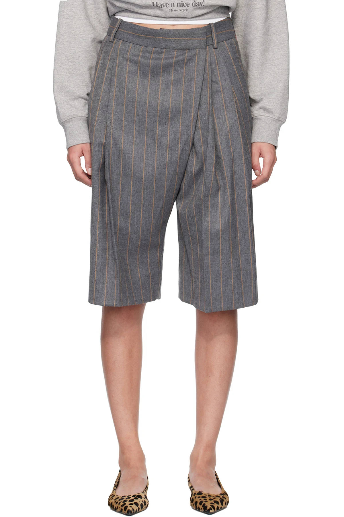 Gray Wool Stripe Wrap Shorts