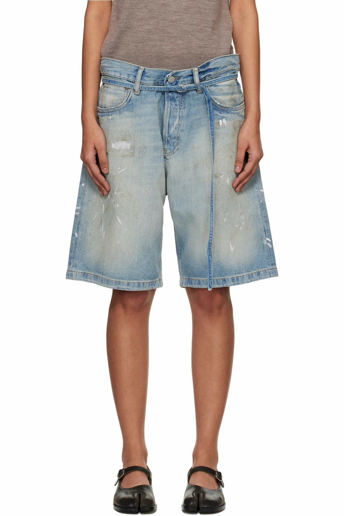 Blue Belted Denim Shorts