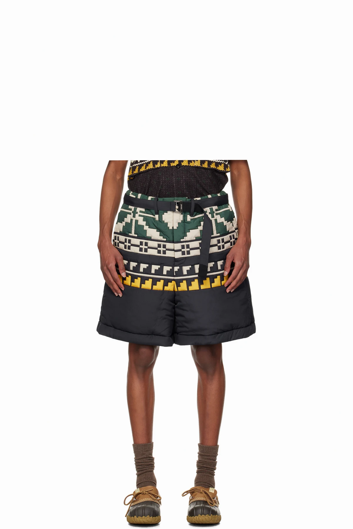 Black & Green Knit Pattern Quilted Shorts