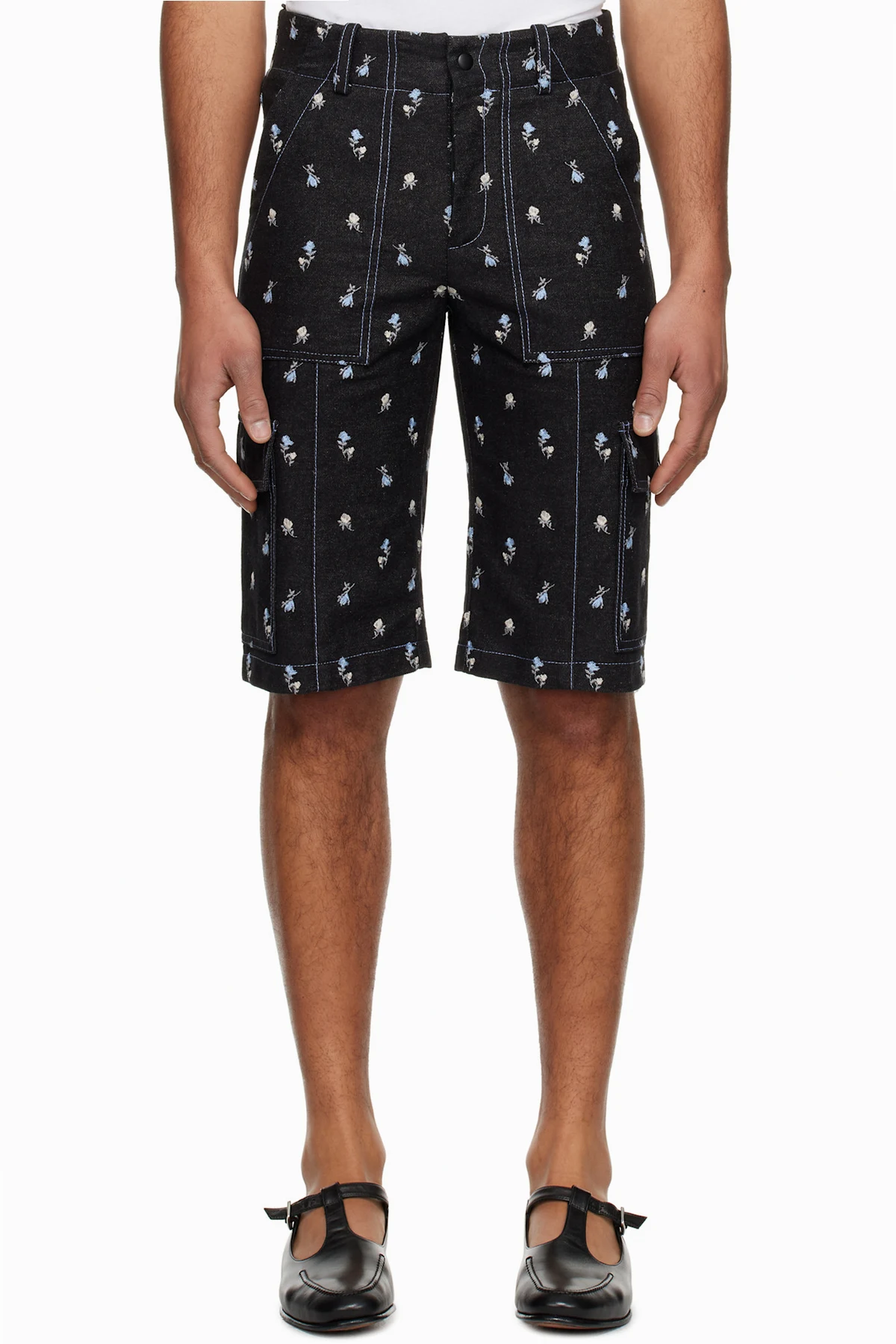 Black Embroidered Roses Denim Cargo Shorts