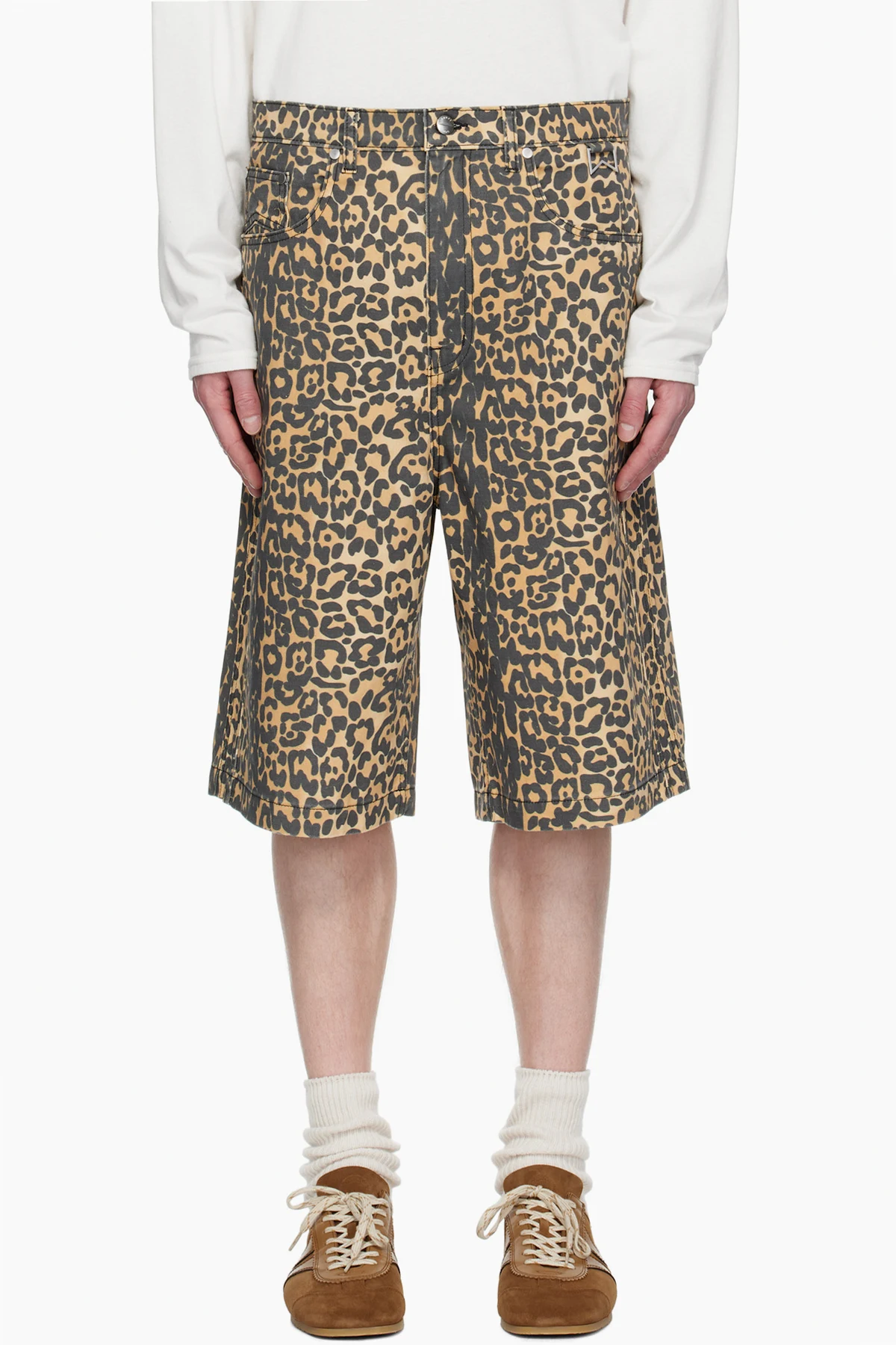 Beige Leopard Traxedo Baggy Denim Shorts