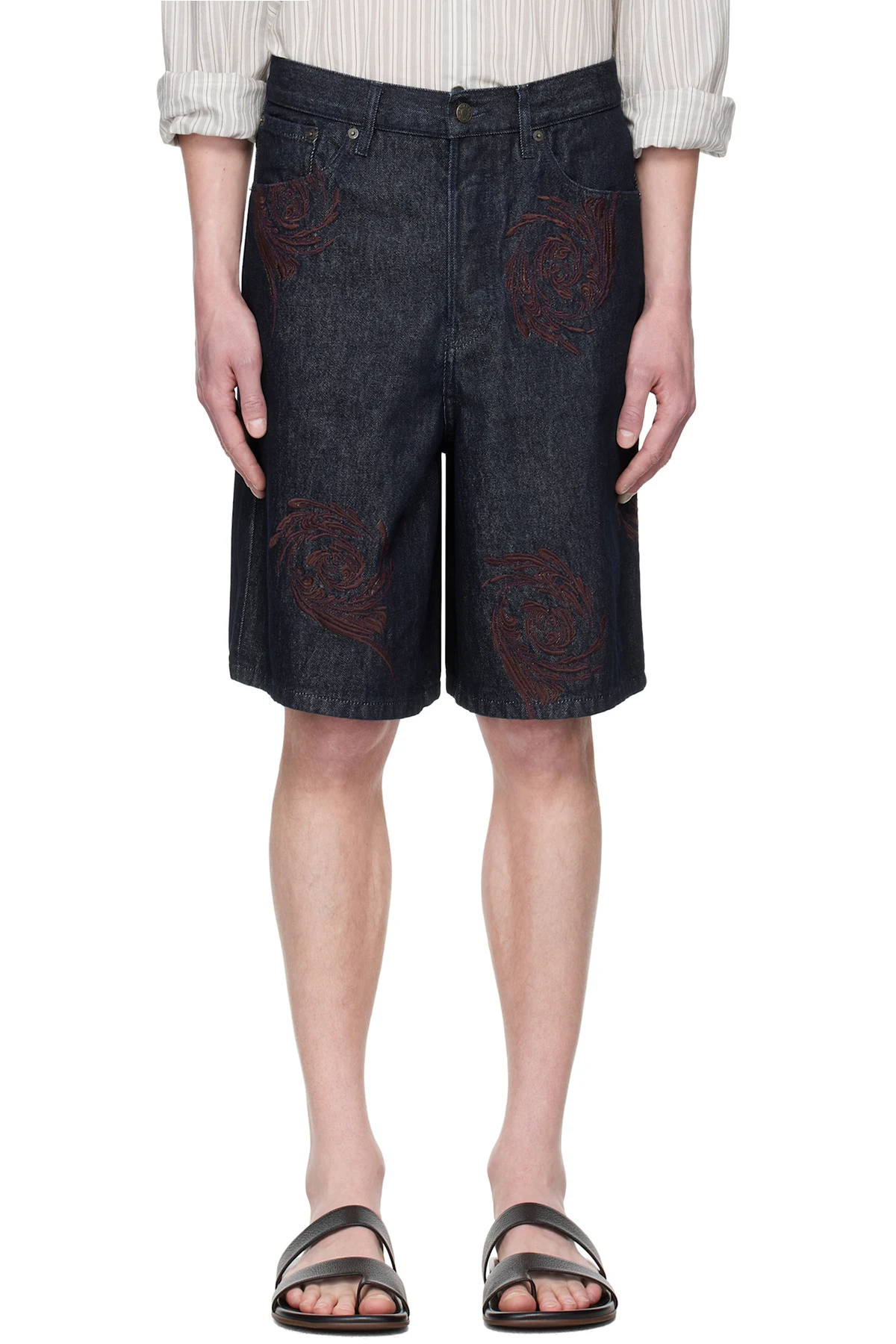 Navy Embroidered Pattern Denim Shorts