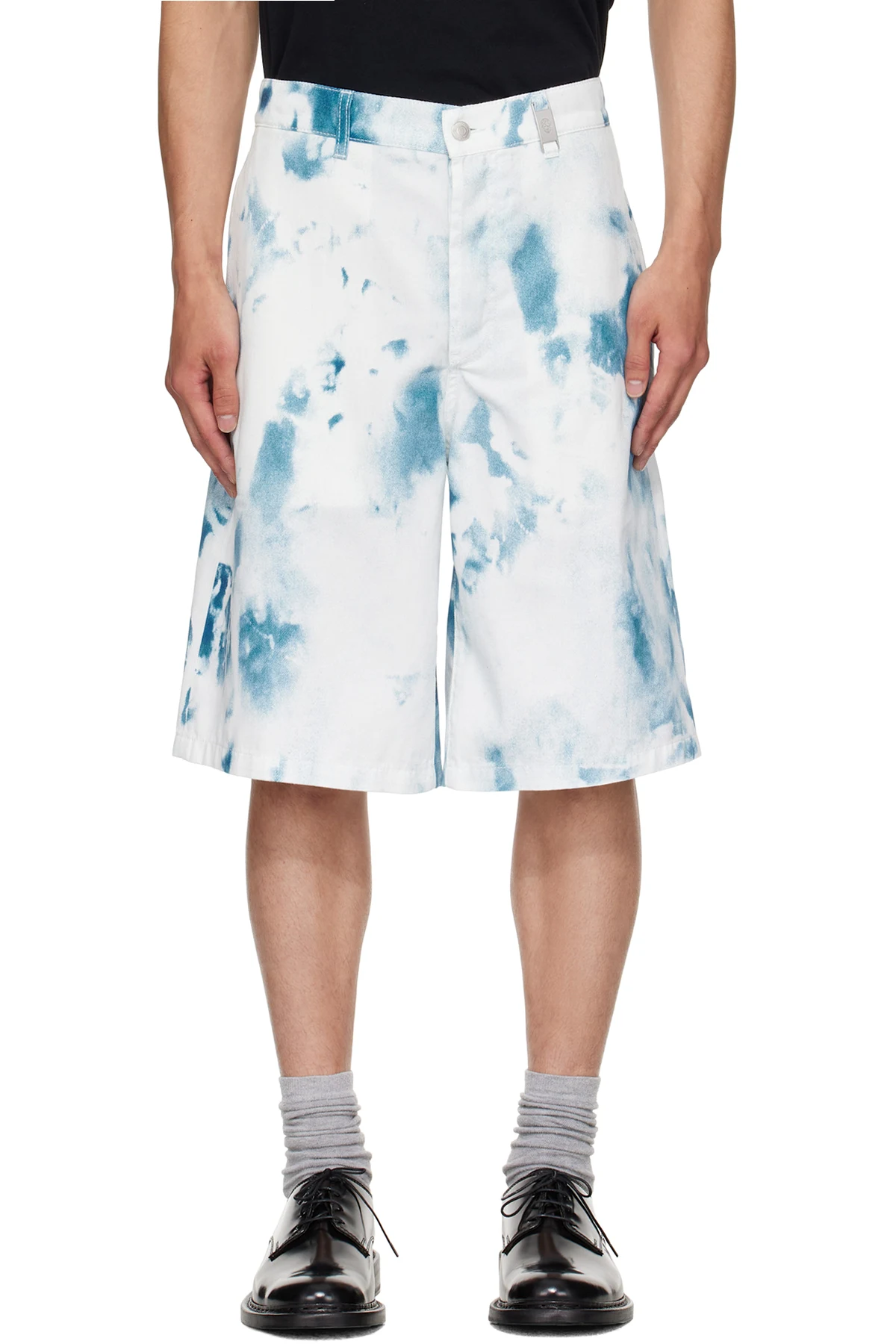 White & Blue Bleach Print Shorts