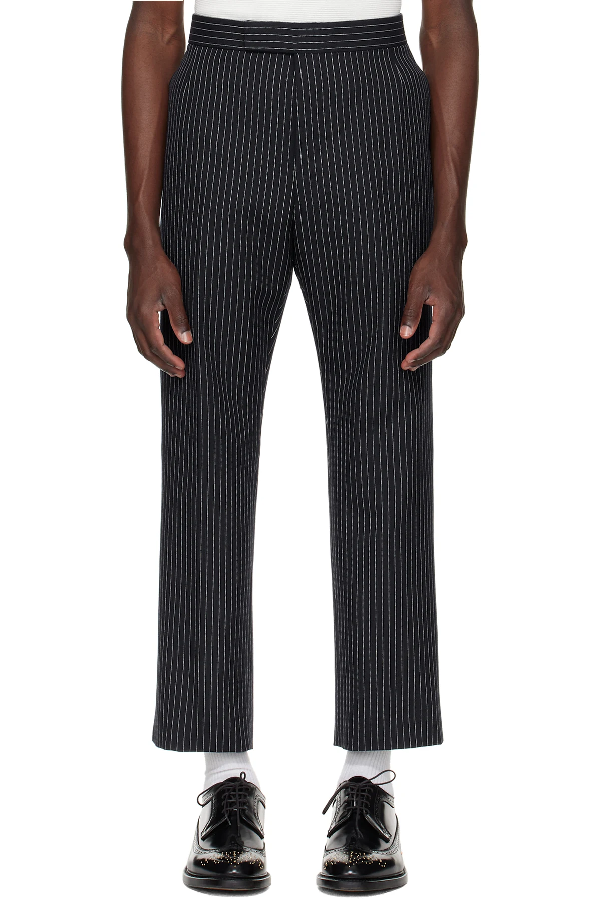 Navy Pinstripe High Twist Wool Backstrap Trousers
