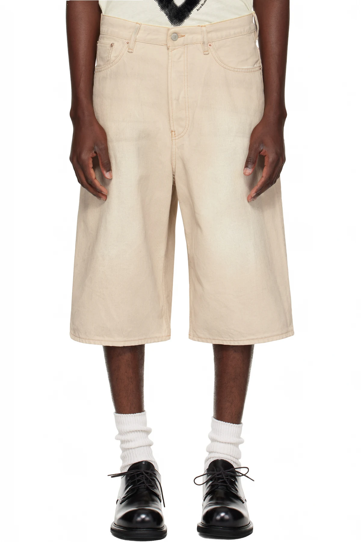 Beige Button Denim Shorts