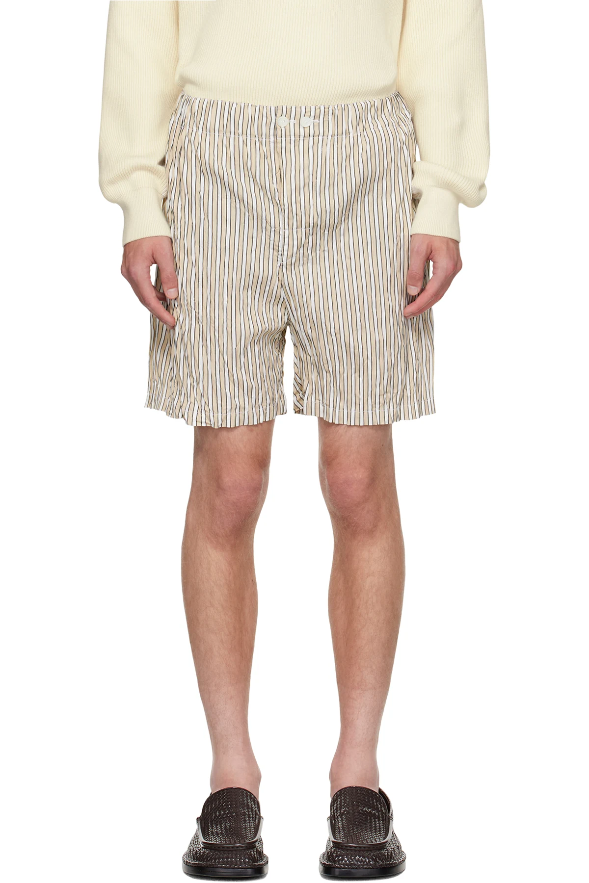 Beige & White Crushed Tech Cotton Stripe Shorts