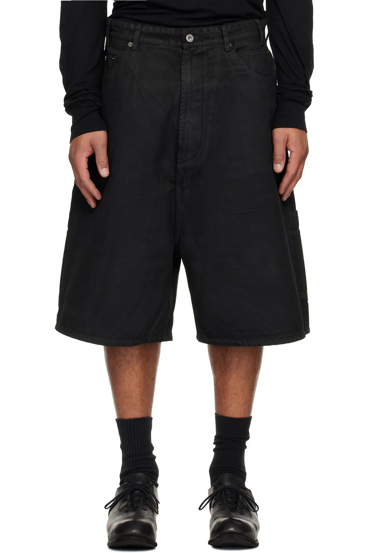 Black Waxed Denim Shorts
