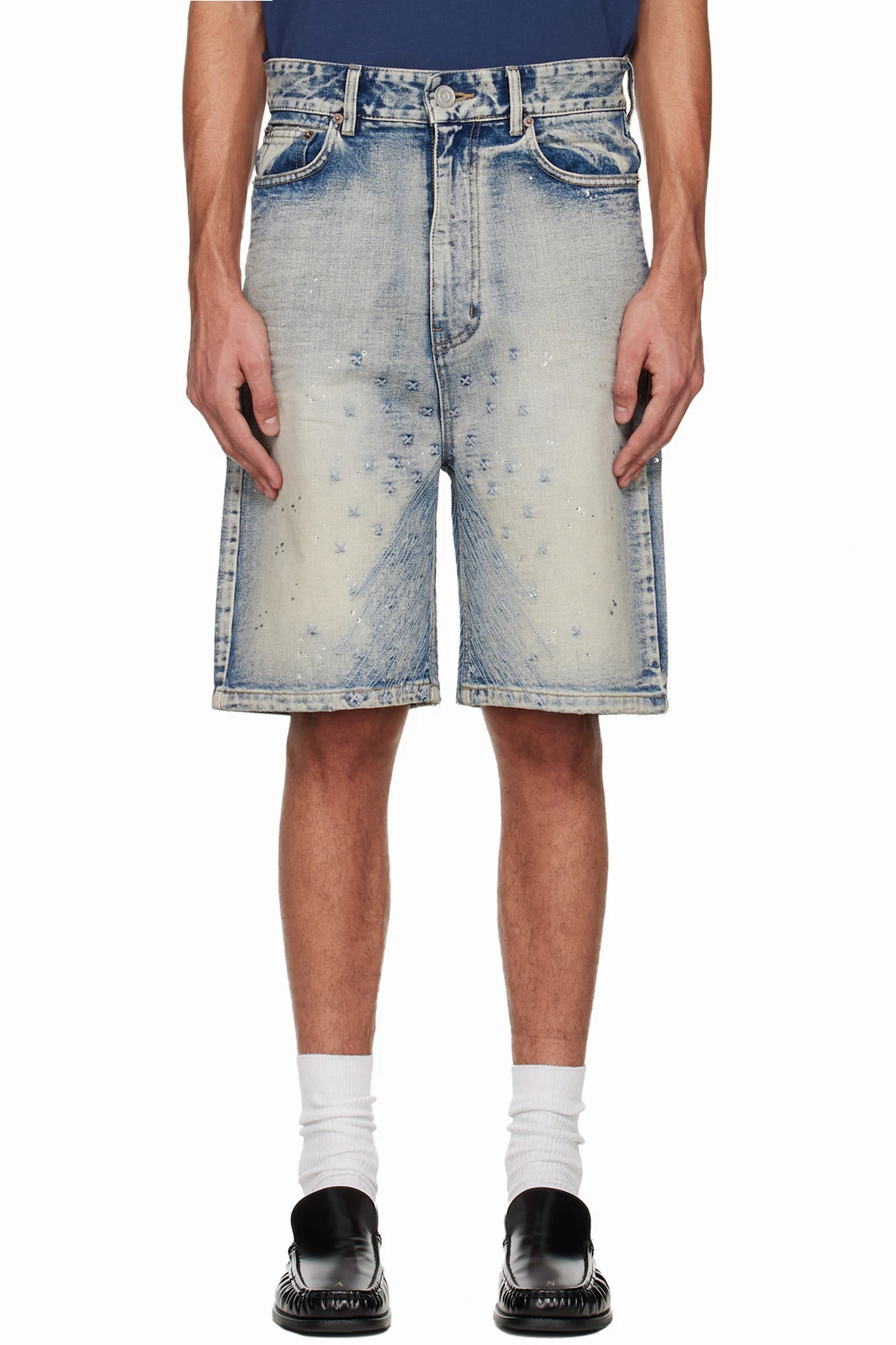 Blue Embroidery Washed Denim Shorts