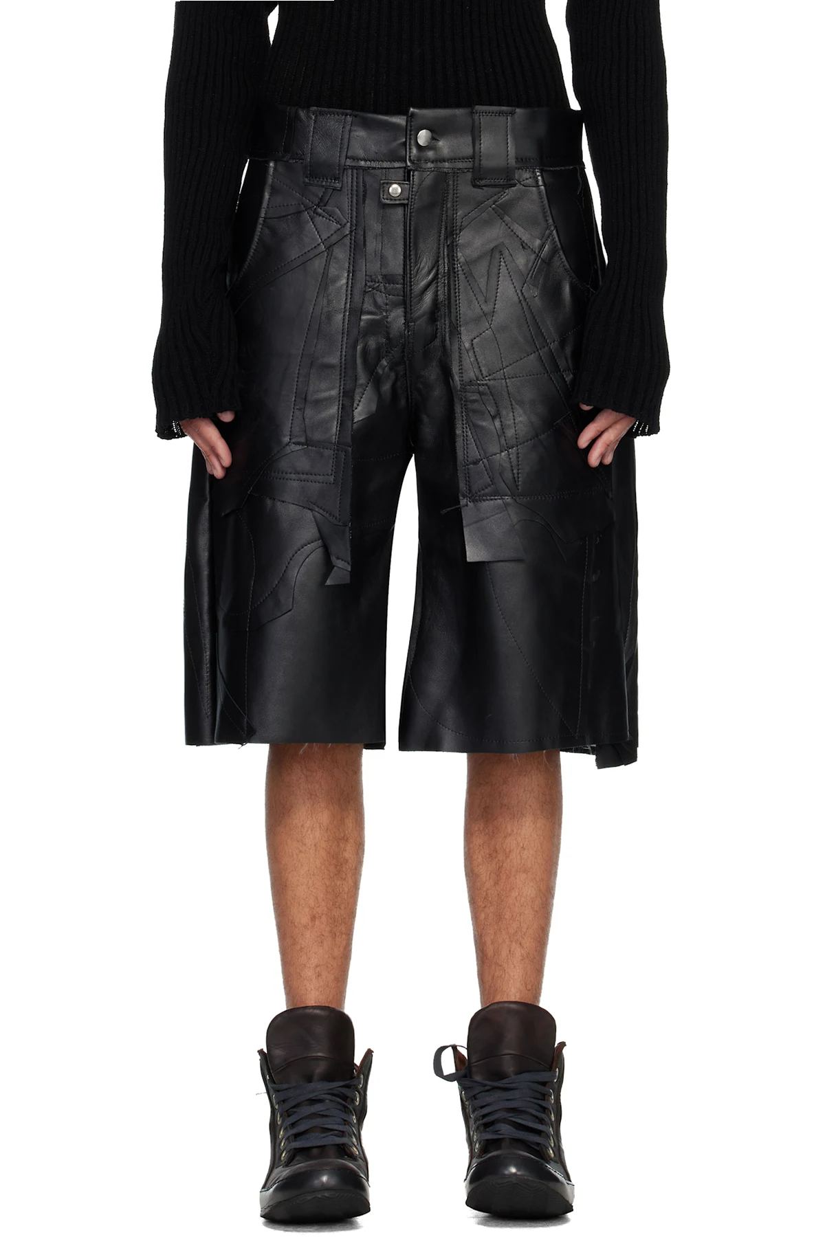Black Patchwork Leather Beach Shorts