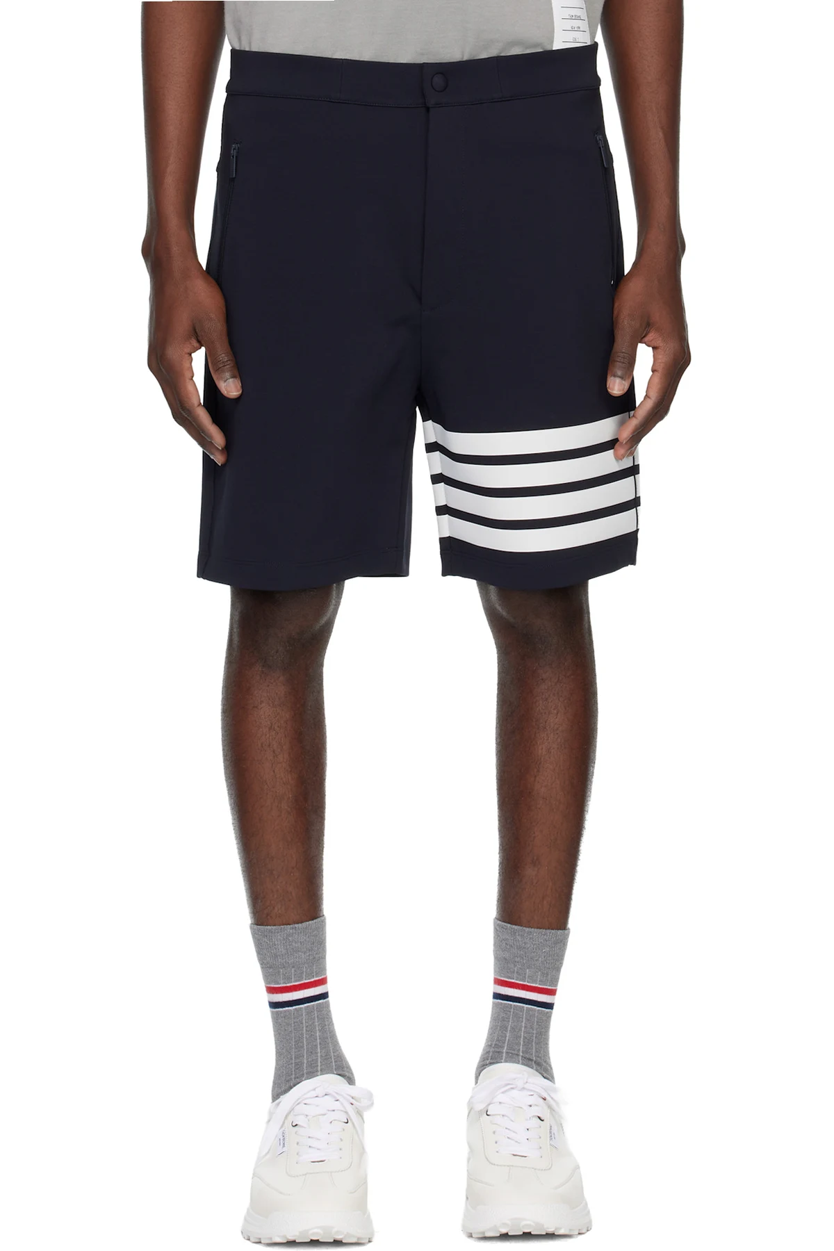 Navy Mid Thigh 4 Bar Shorts