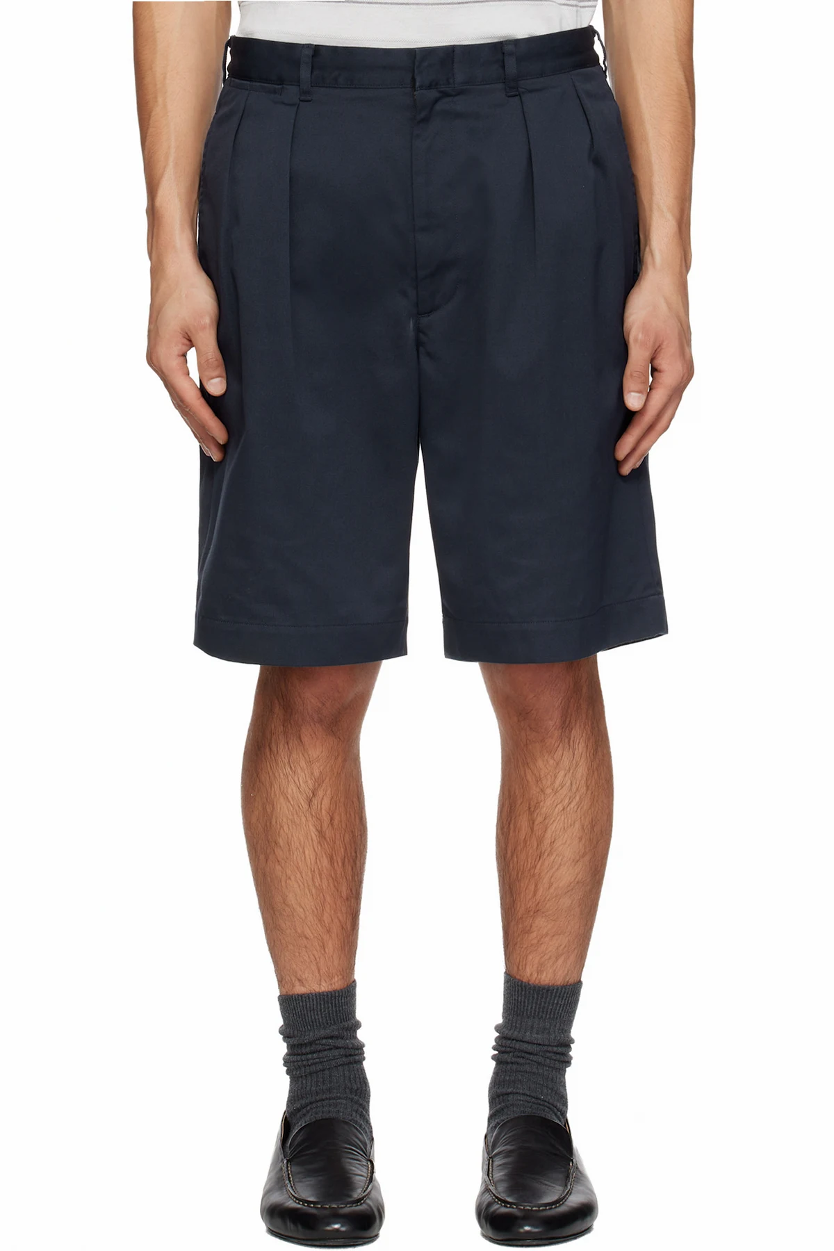 Navy Double Pleated Chino Shorts