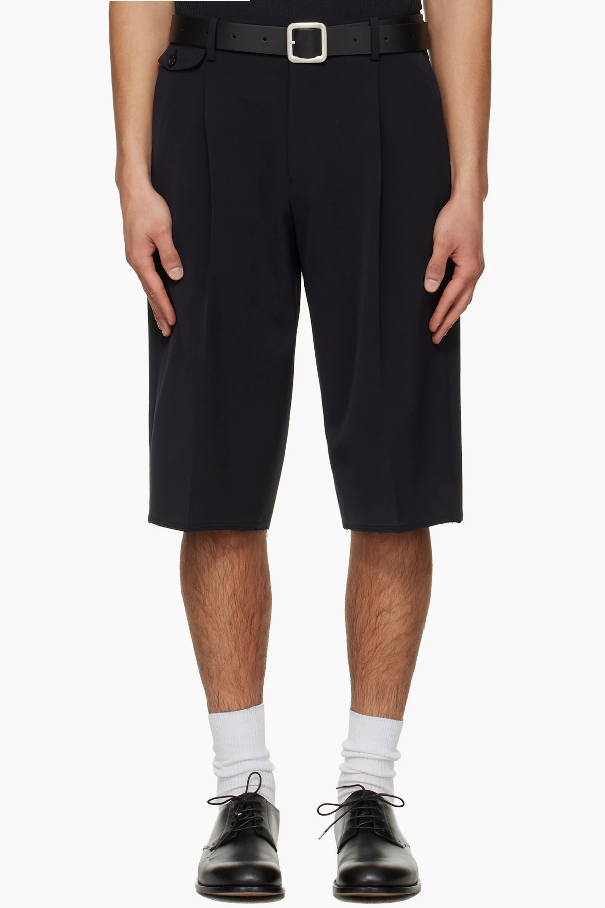 Navy Raw-Cut Wool Pleated Tailored Shorts