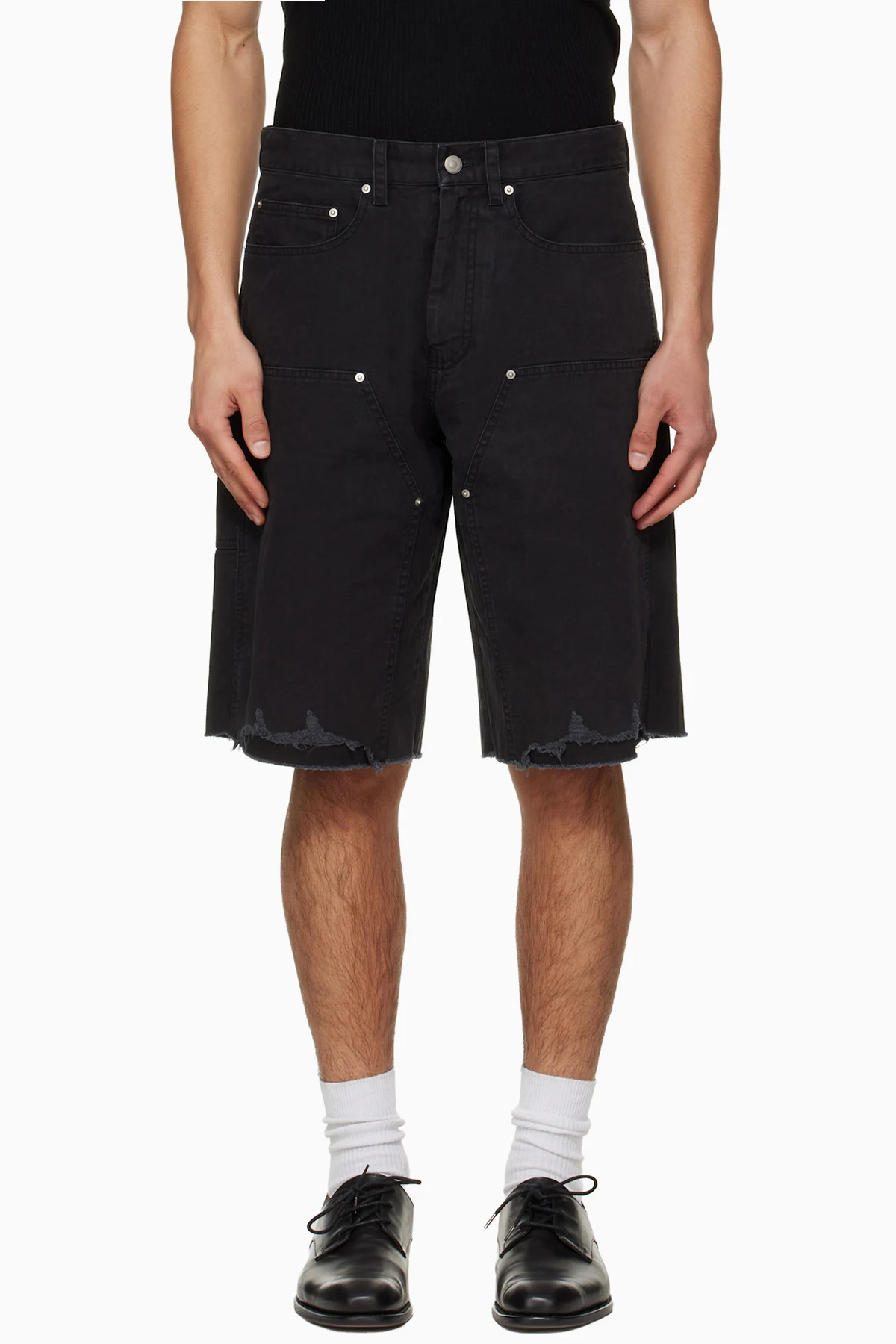 Black Hand Distressed HBT Double Knee Shorts