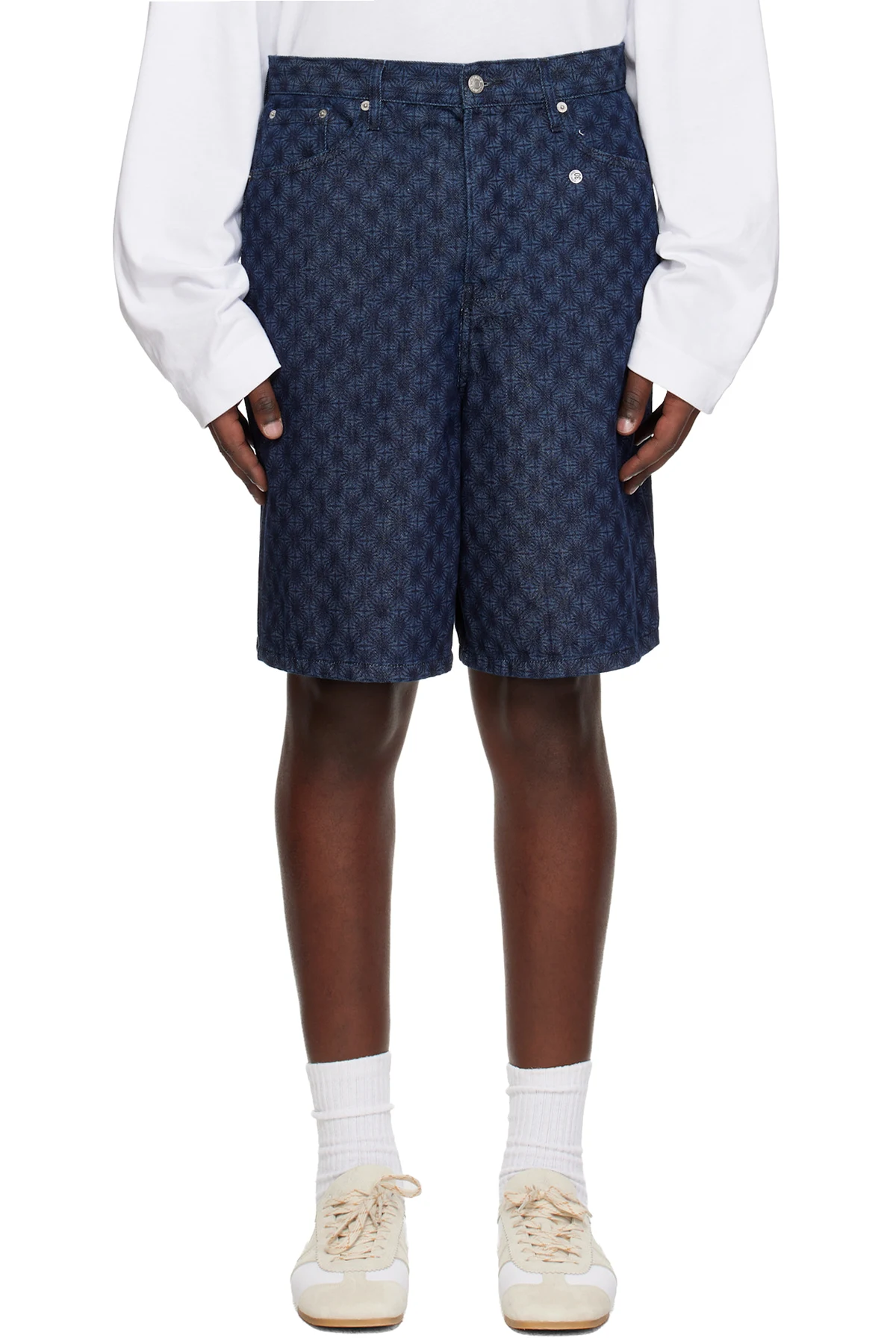 Navy Printed Denim Shorts