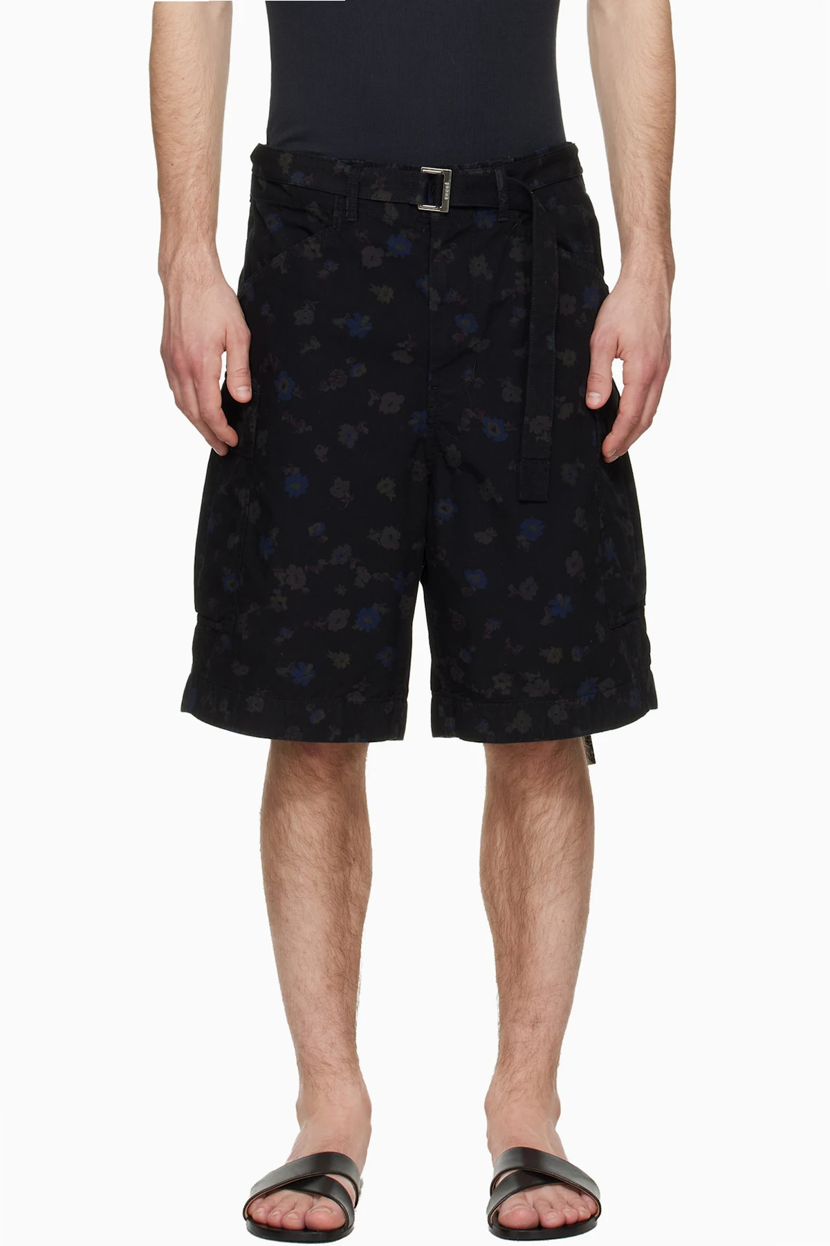 Black Overdyed Floral Print Cargo Shorts