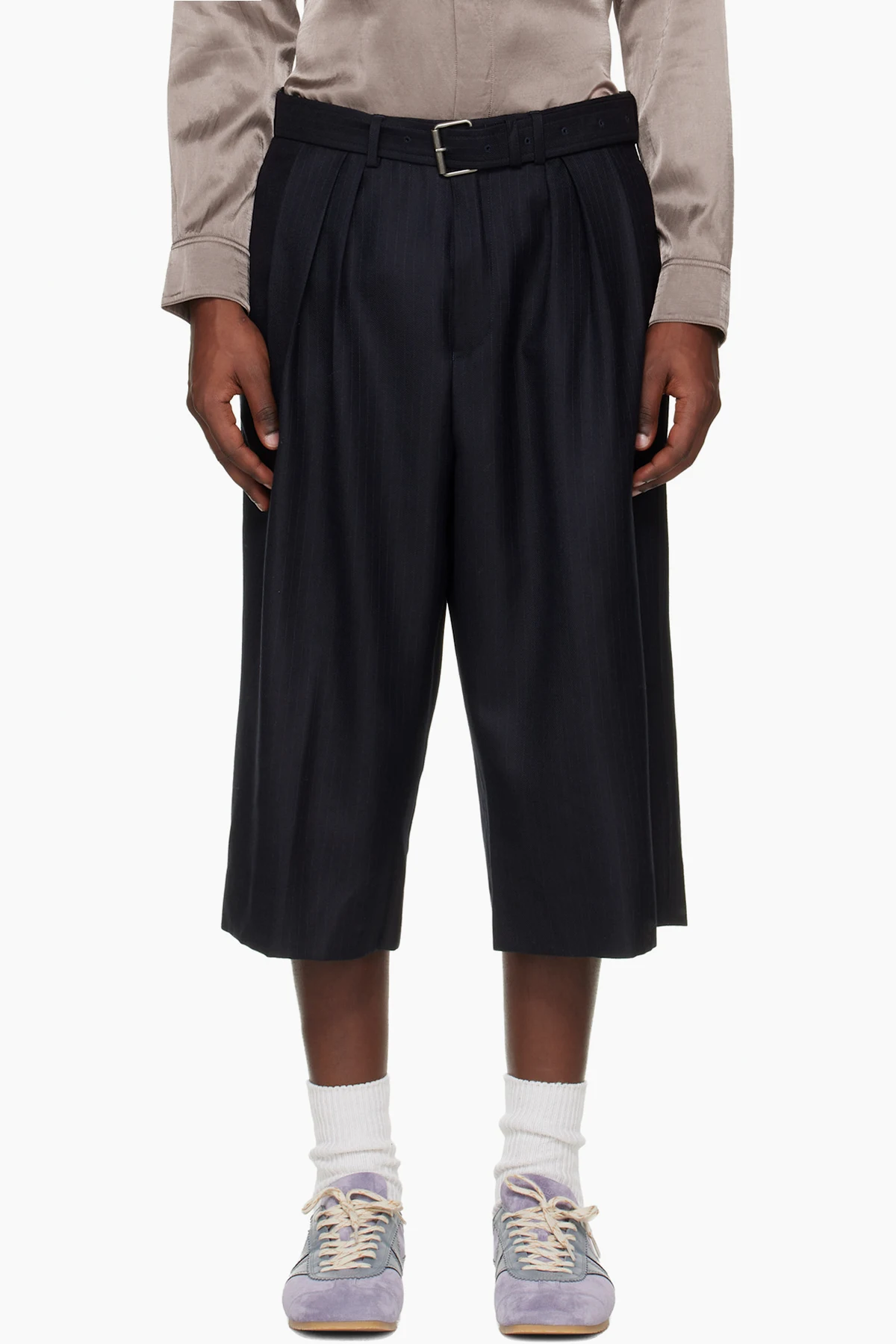 Navy Belted Light Wool Shorts