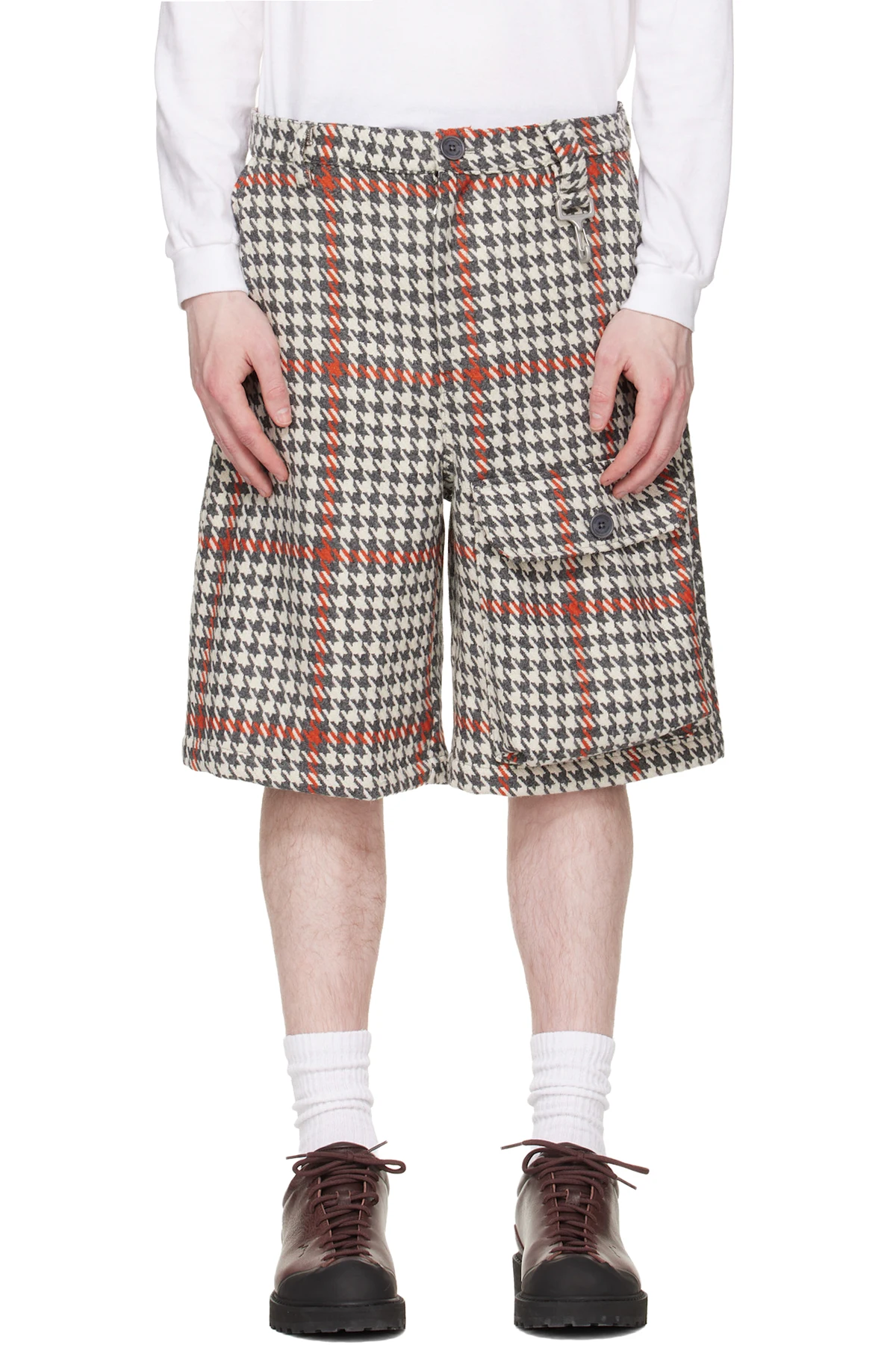 White & Gray Wool Houndstooth Patch Pocket Shorts