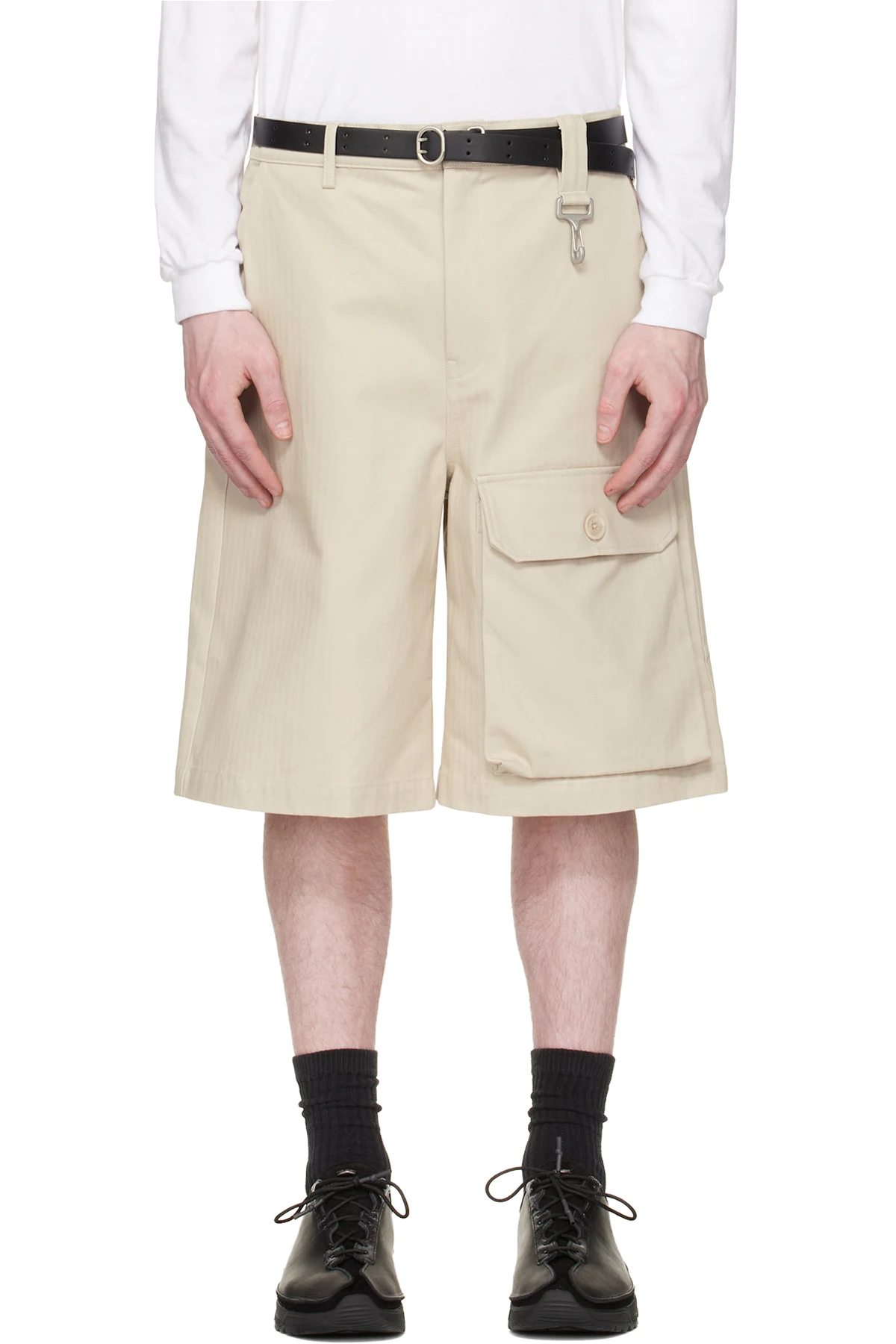 Beige Cotton Herringbone Patch Pocket Shorts