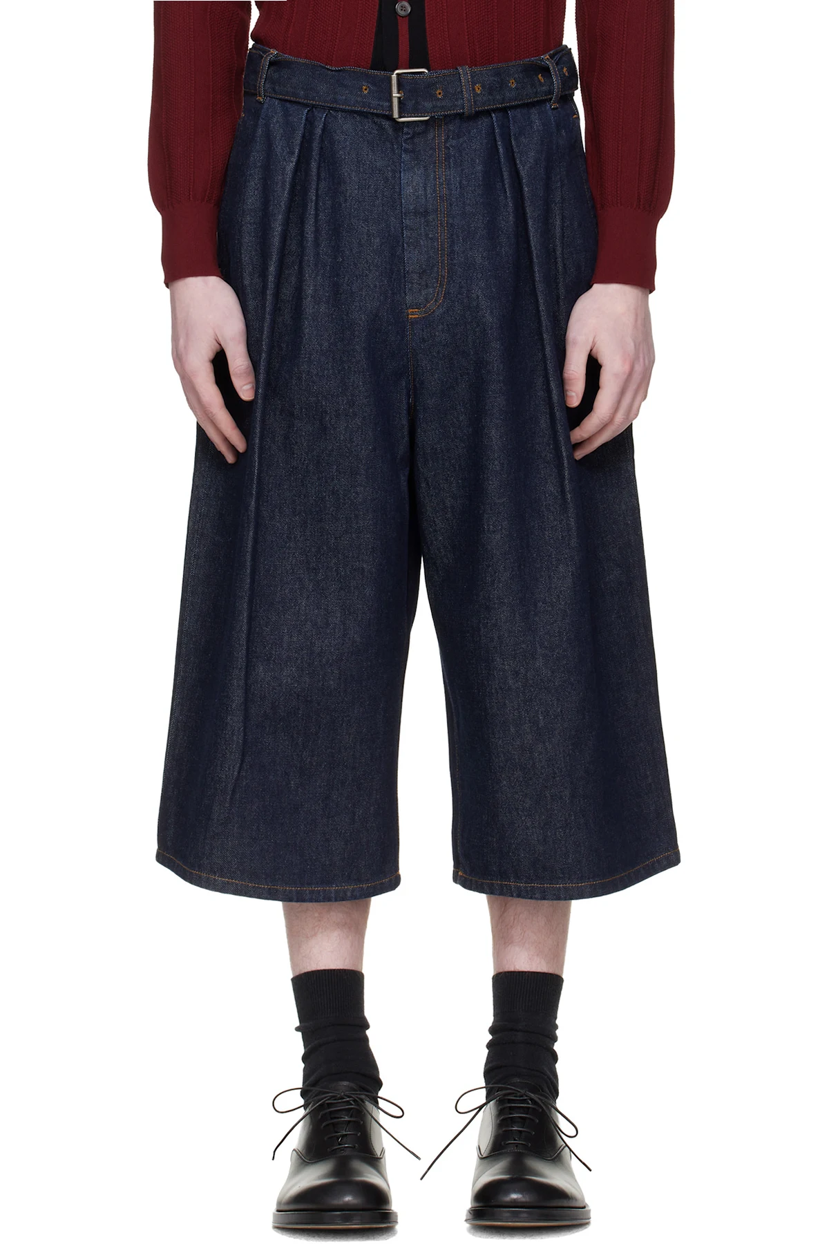 Navy Pleated Denim Shorts