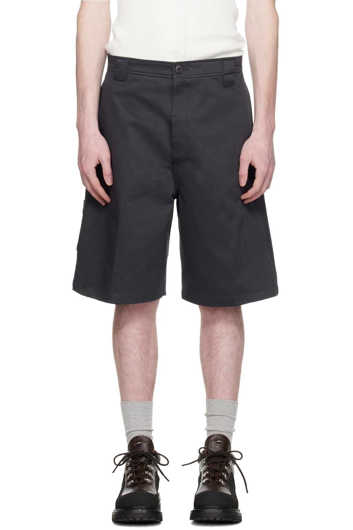 Navy Cotton Blend Stitch Pointed Bermuda Shorts