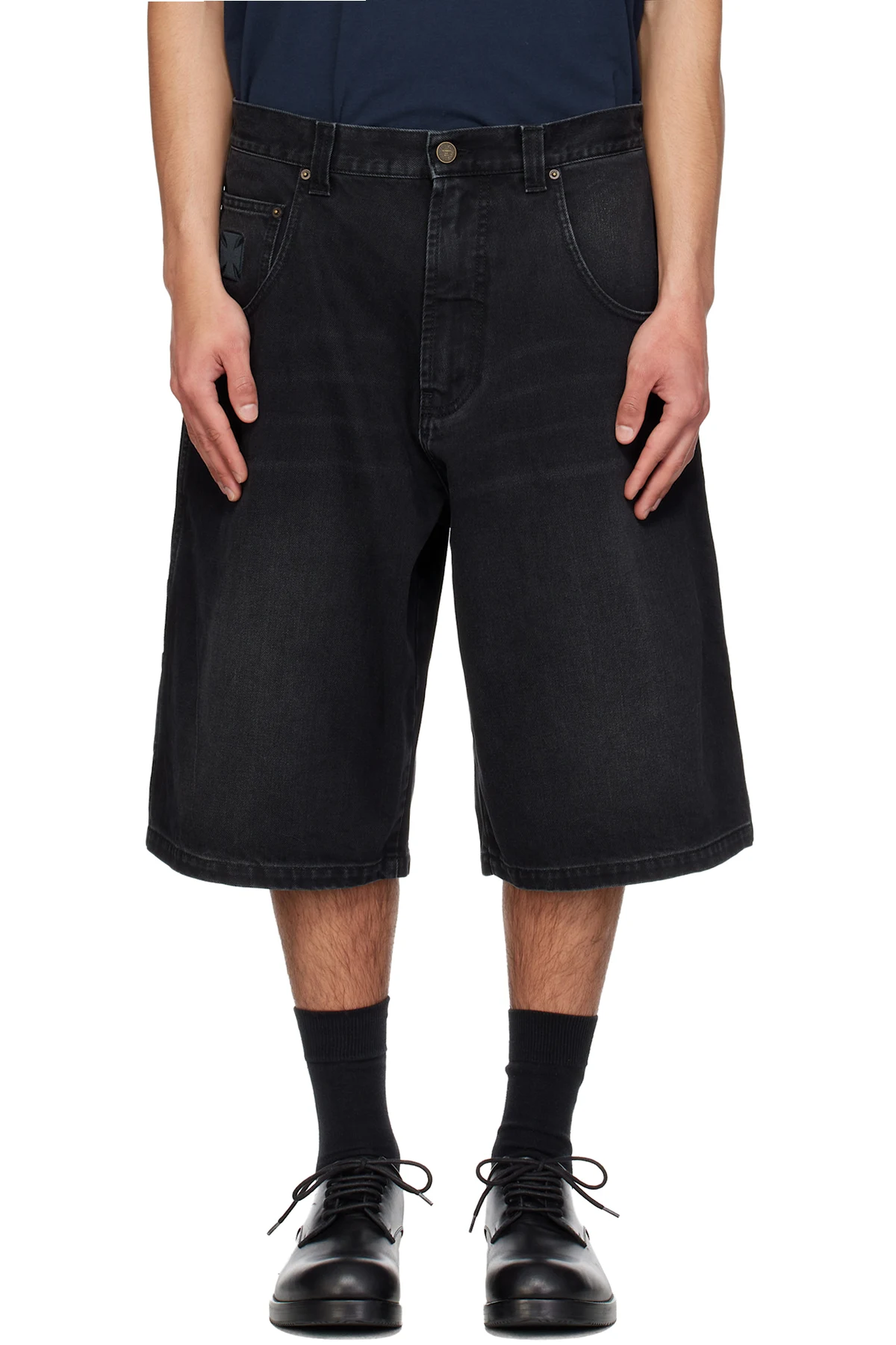 Black Appliqué Biker Cross Hip-Hop Denim Shorts