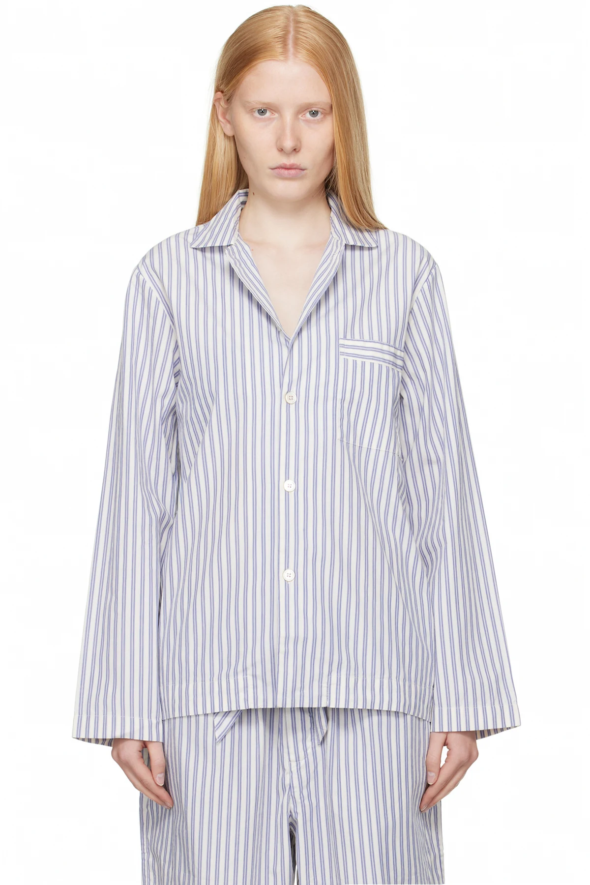 White & Blue Poplin Long-Sleeved Pyjama Shirt