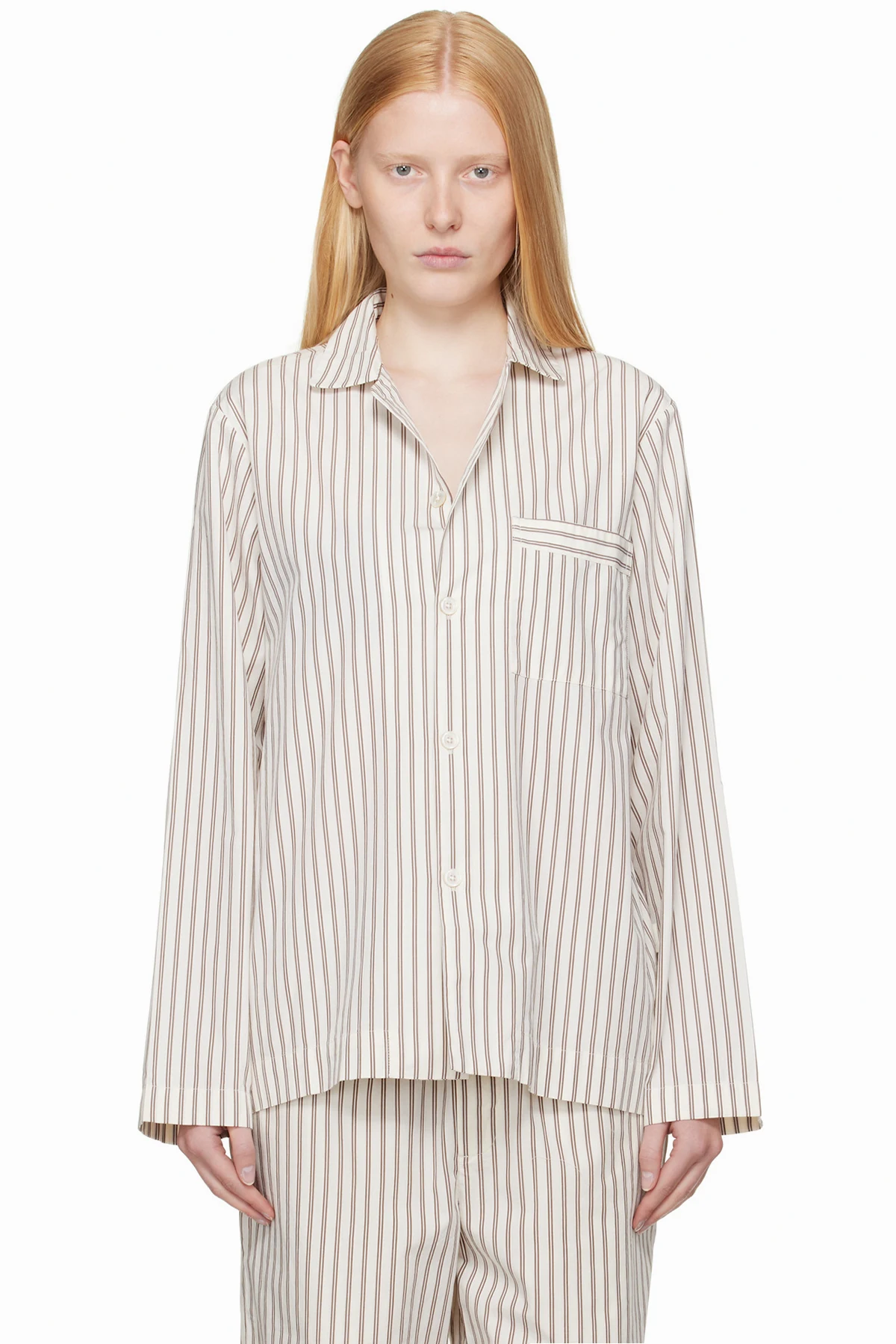 Off-White & Brown Poplin Long-Sleeved Pyjama Shirt