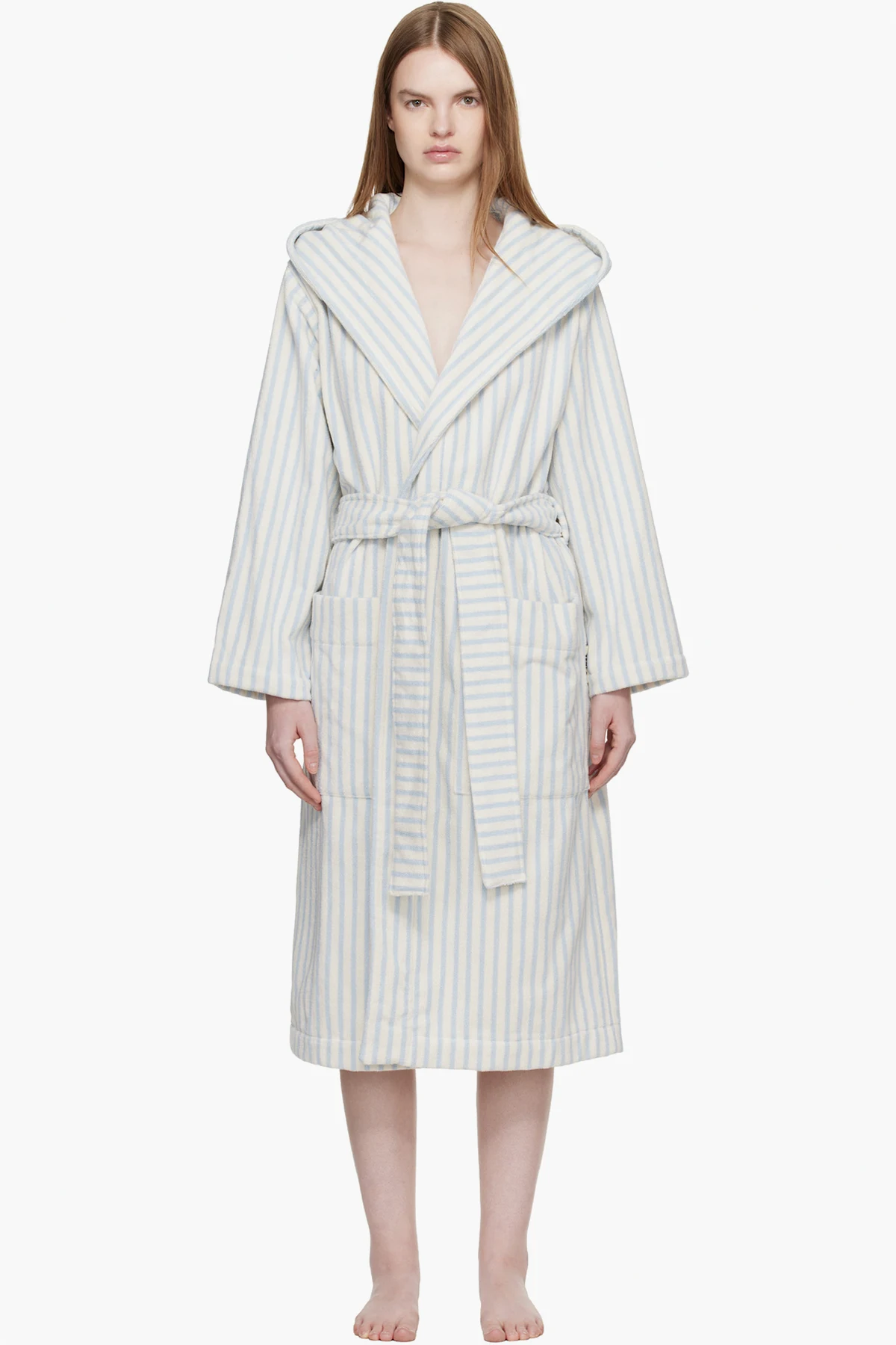 Off White & Blue Terry Hooded Bathrobe