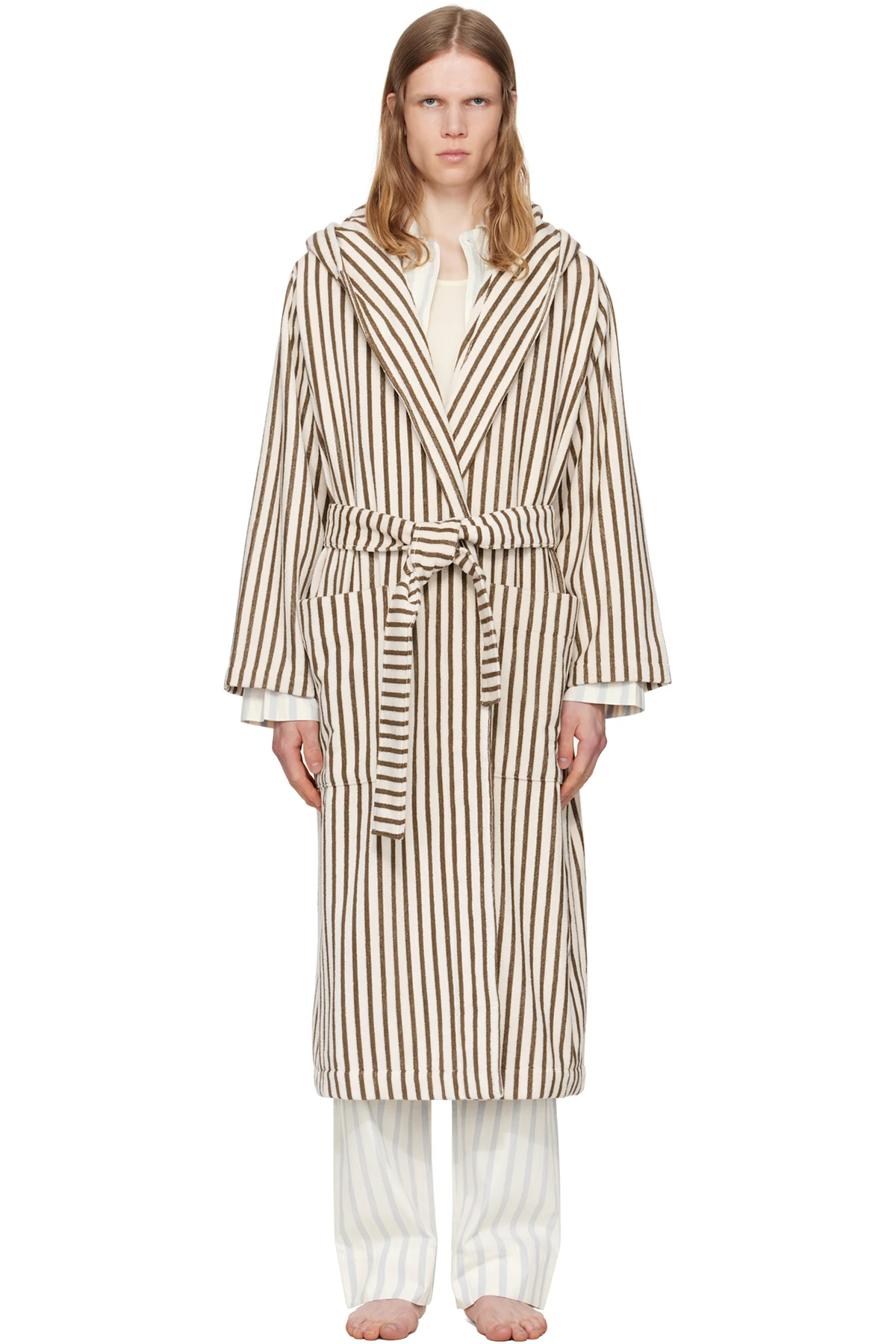 Off-White & Brown Terry Hooded Bathrobe