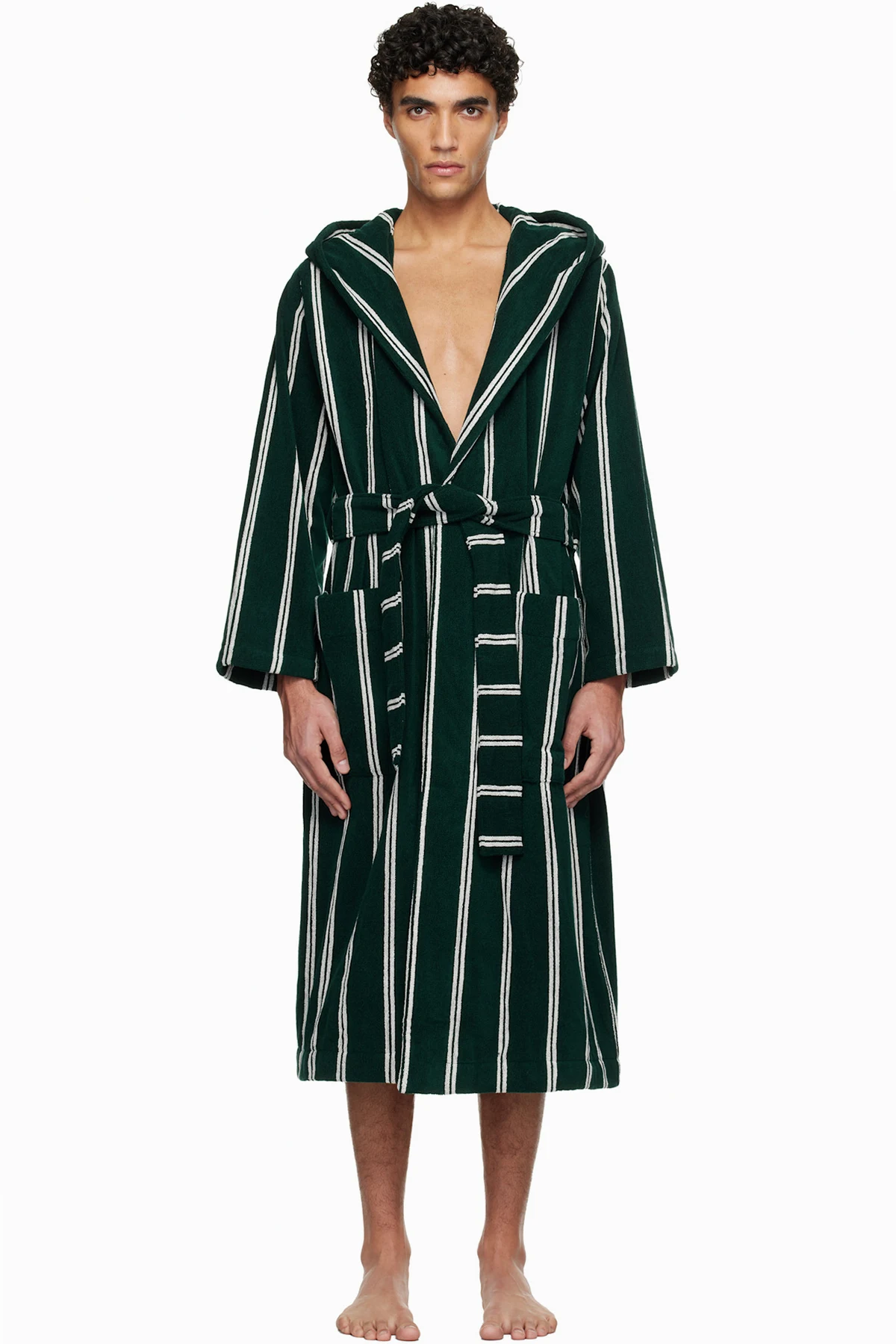 Green & White Terry Hooded Bathrobe