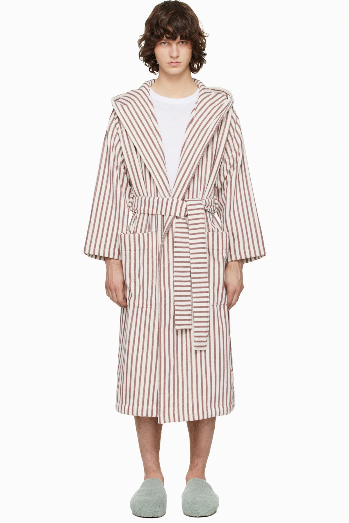 Off-White & Burgundy Terry Hooded Bathrobe