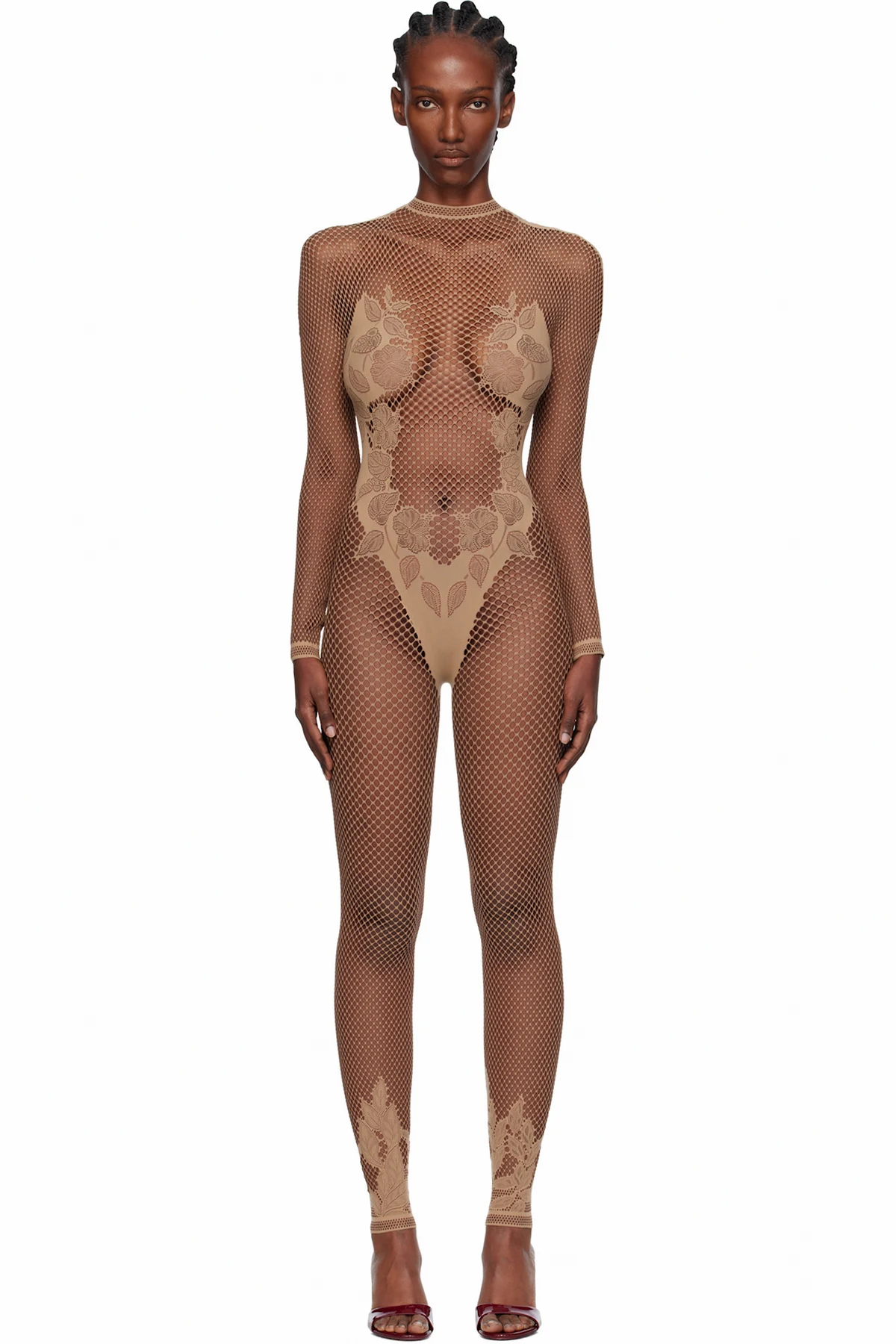 Beige Leaves Fishnet Capri Jumpsuit