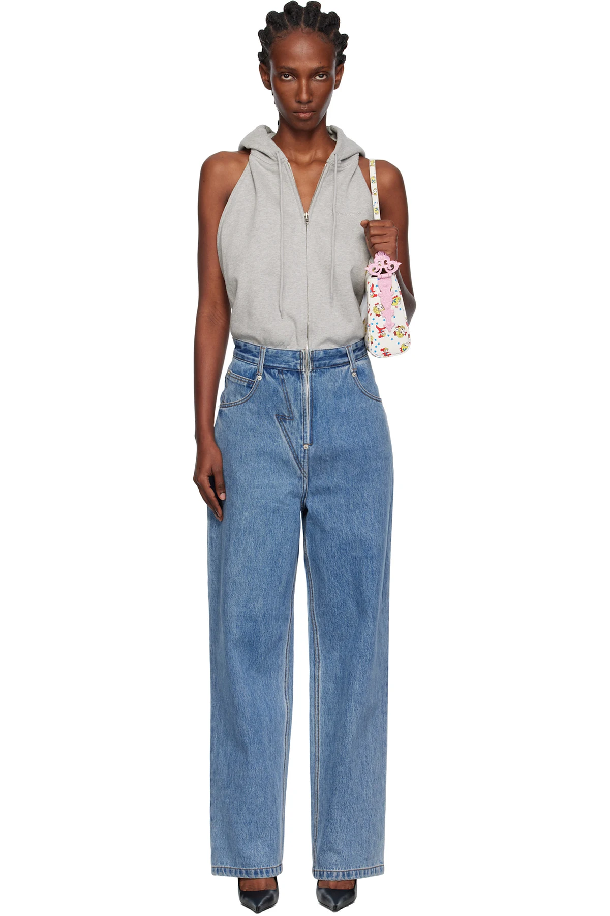 Gray & Blue Halter Hoodie Denim Jumpsuit