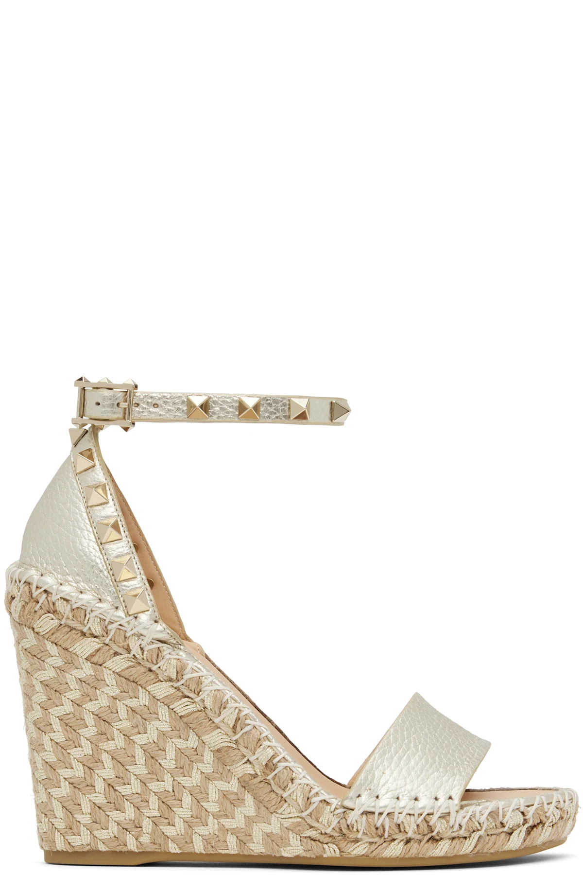 Silver Double Rockstud Grainy Calfskin Wedge Sandals