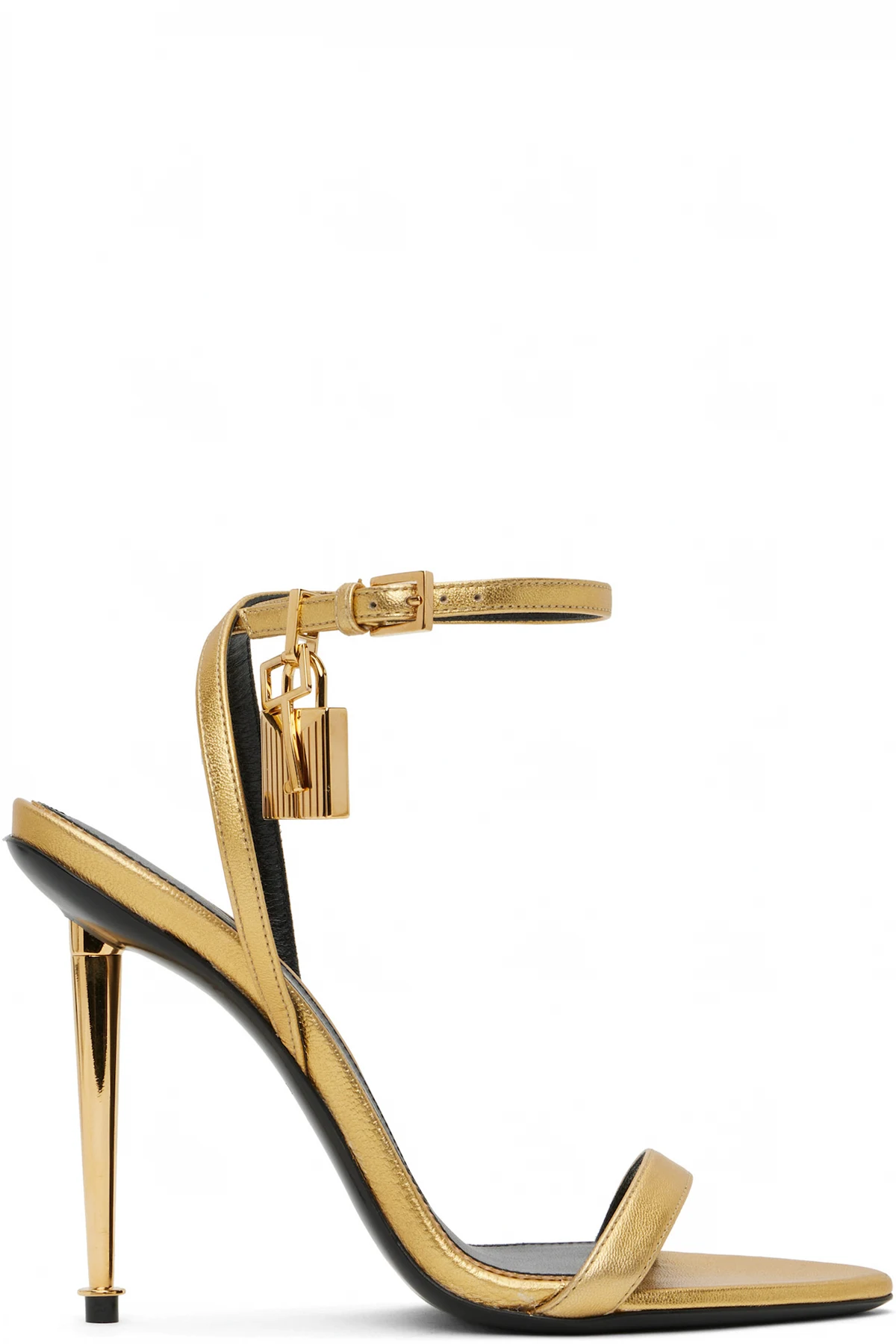 Gold Padlock Pointy Naked Heeled Sandals