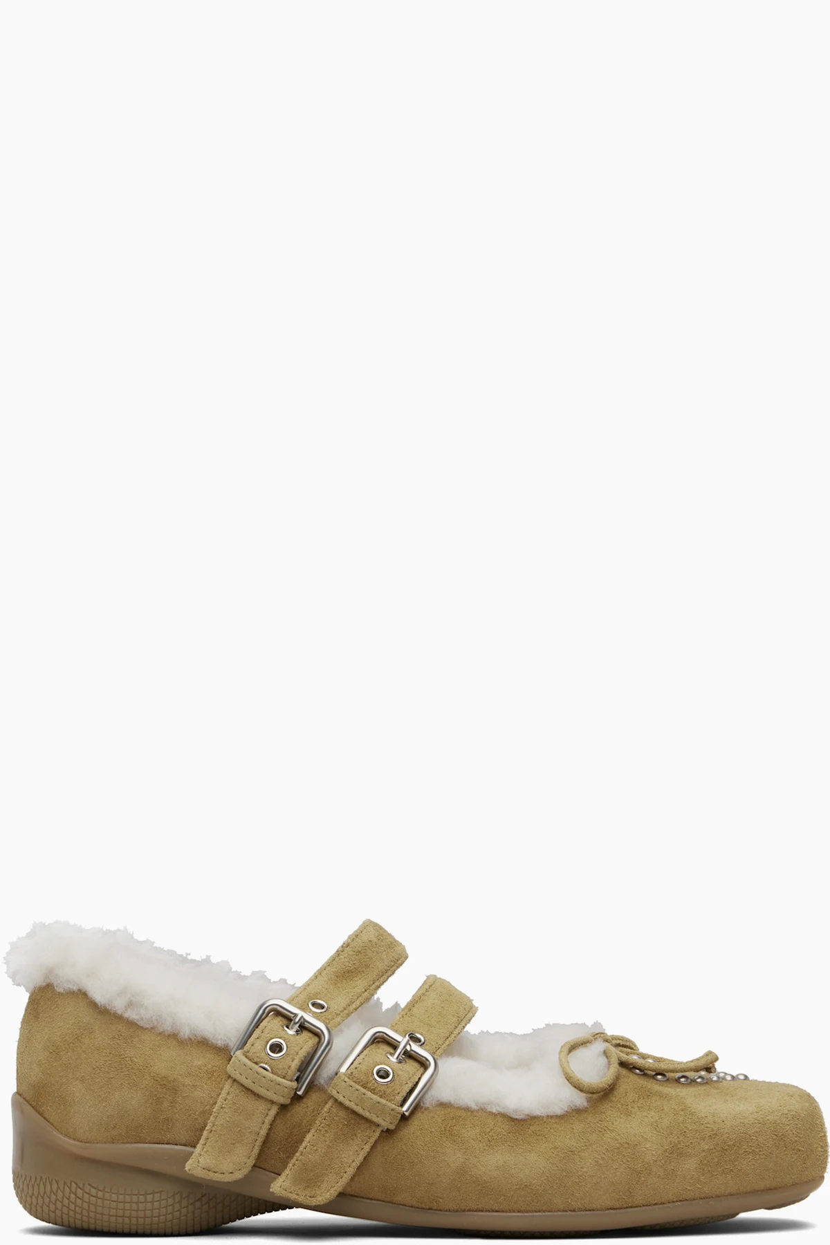 Tan Shearling Heart Stud Ballet Flats