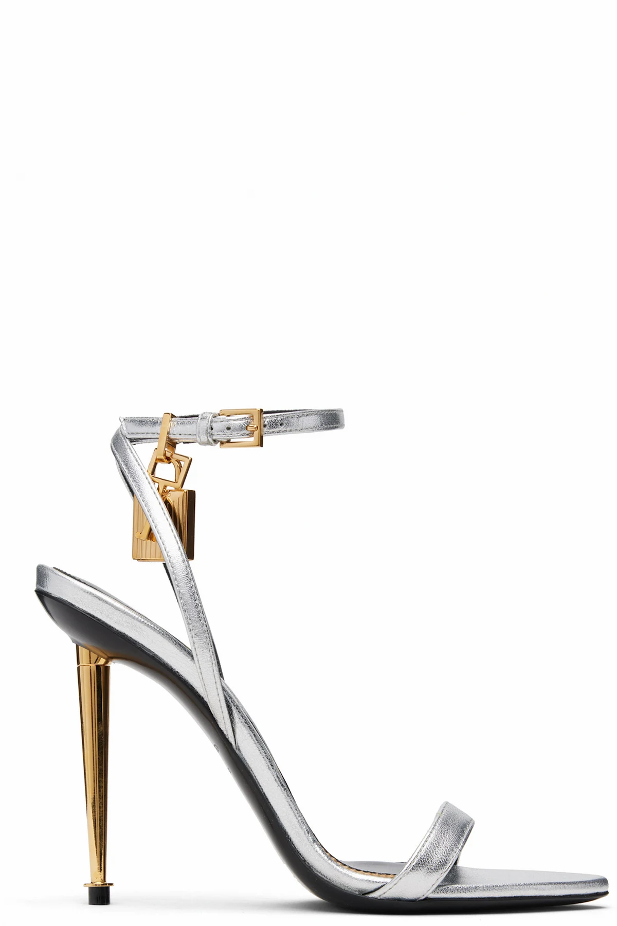 Silver Nappa Padlock Pointy Naked Heeled Sandals