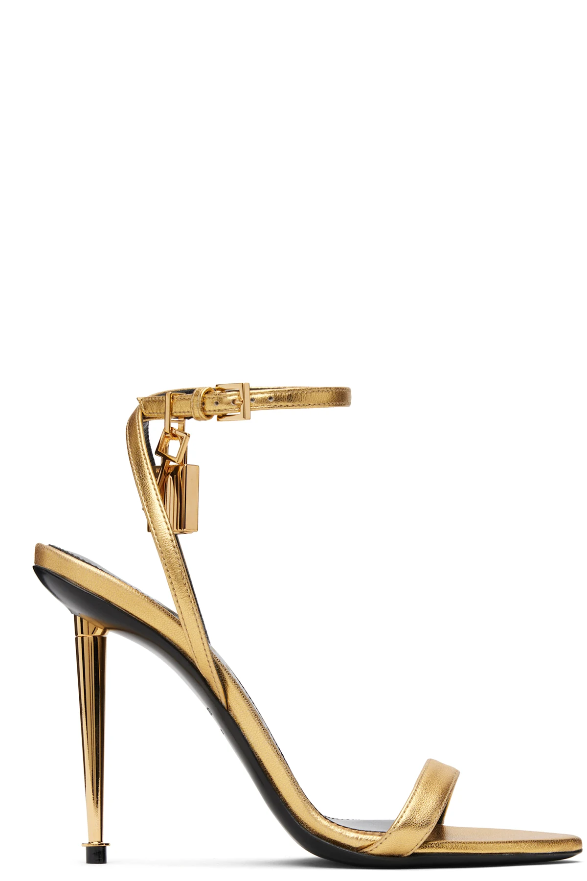 Gold Nappa Padlock Pointy Naked Heeled Sandals